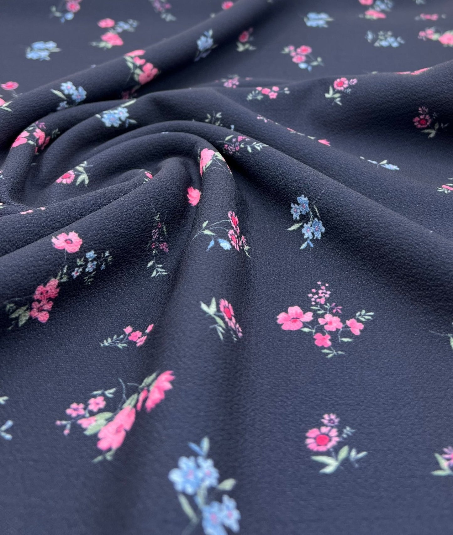 Navy Ditsy Floral Print Lightweight Bubble Crepe Fabric - T9 Fabrics
