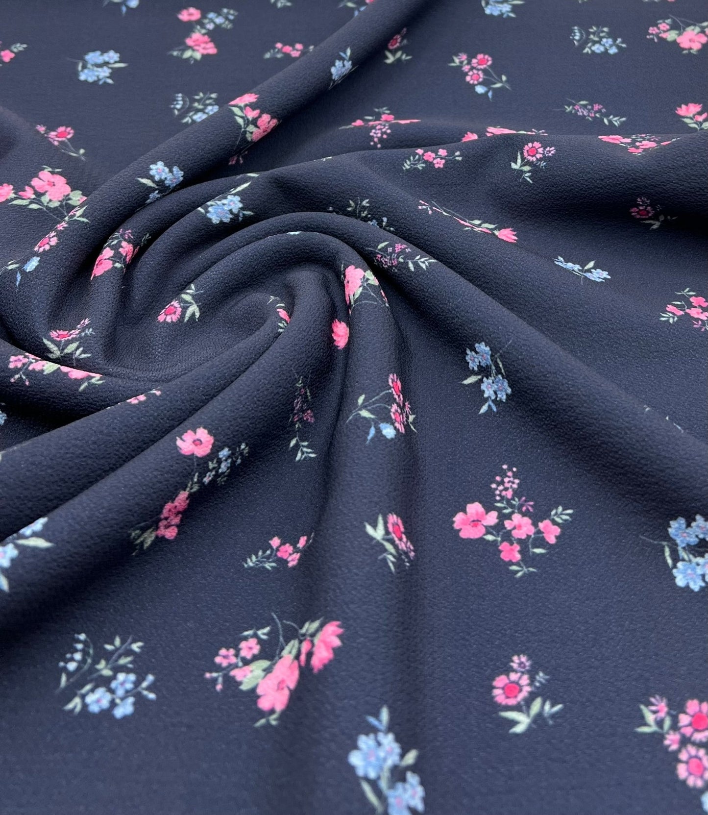 Navy Ditsy Floral Print Lightweight Bubble Crepe Fabric - T9 Fabrics