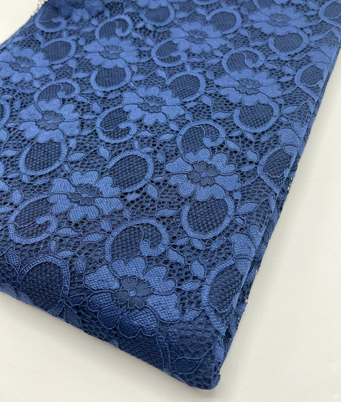 Navy Flower Scalloped Edge Floral Lace Fabric Stretch - T9 Fabrics