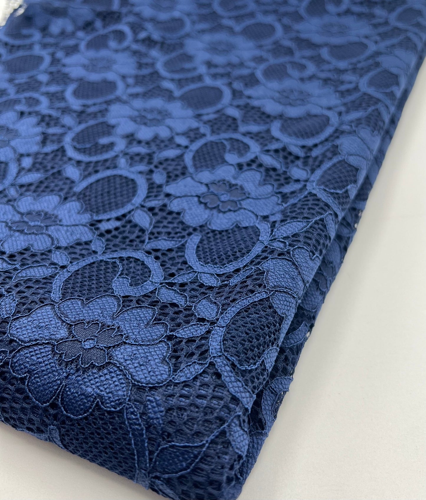 Navy Flower Scalloped Edge Floral Lace Fabric Stretch - T9 Fabrics