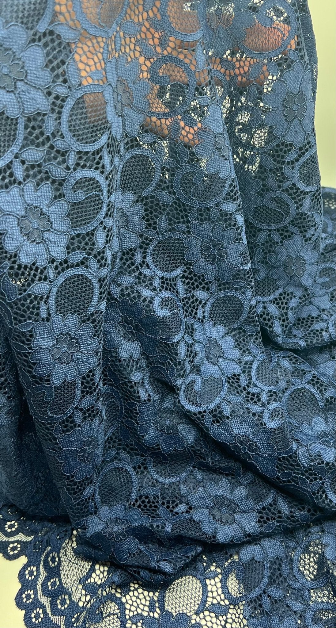 Navy Flower Scalloped Edge Floral Lace Fabric Stretch - T9 Fabrics