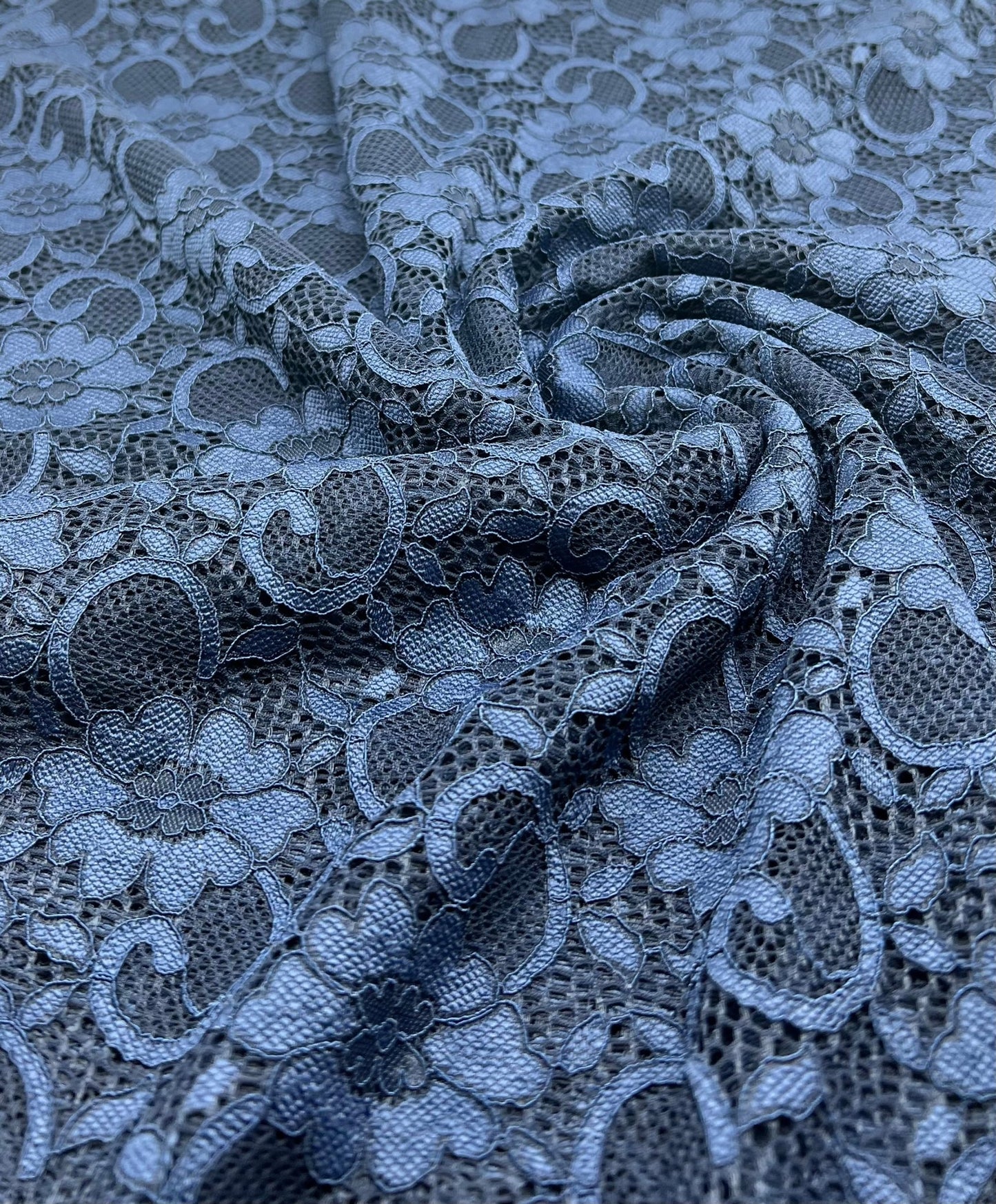 Navy Flower Scalloped Edge Floral Lace Fabric Stretch - T9 Fabrics