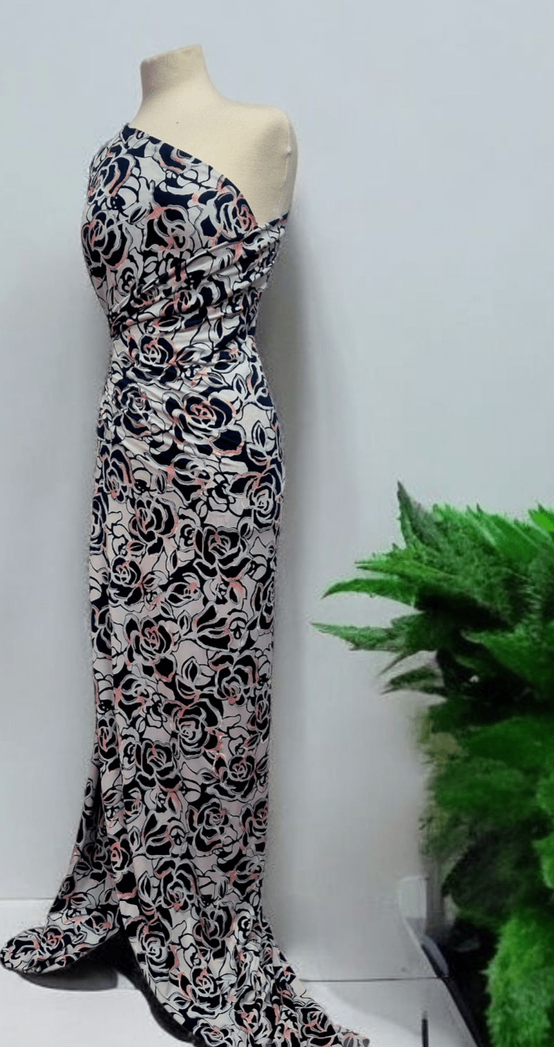 Navy Red Rose On White Print Soft Touch 4 Way Stretch Fabric - T9 Fabrics