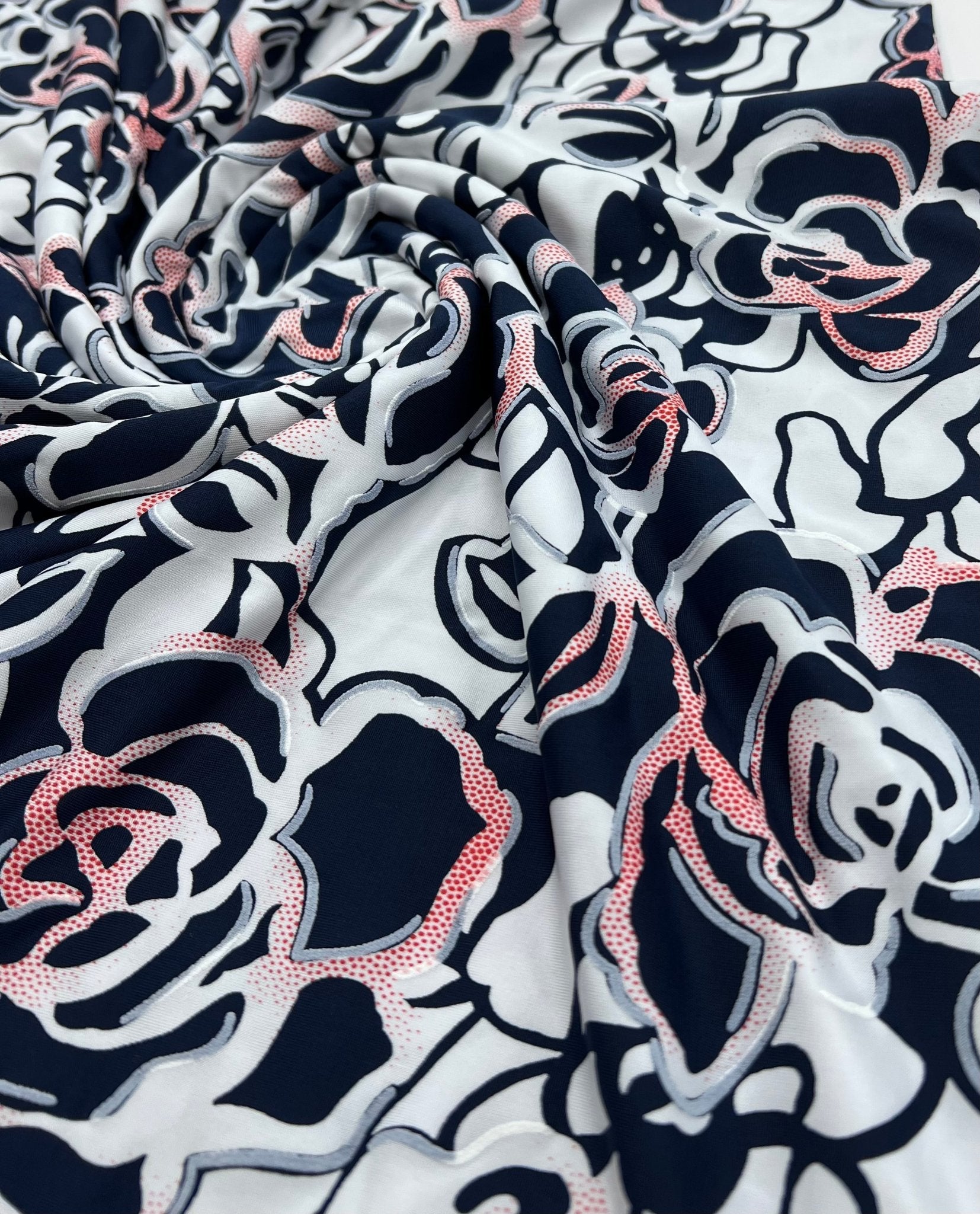 Navy Red Rose On White Print Soft Touch 4 Way Stretch Fabric - T9 Fabrics
