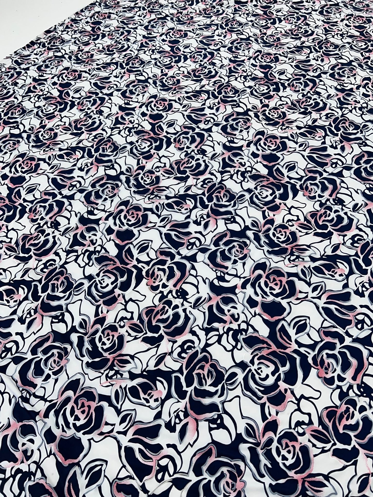 Navy Red Rose On White Print Soft Touch 4 Way Stretch Fabric - T9 Fabrics