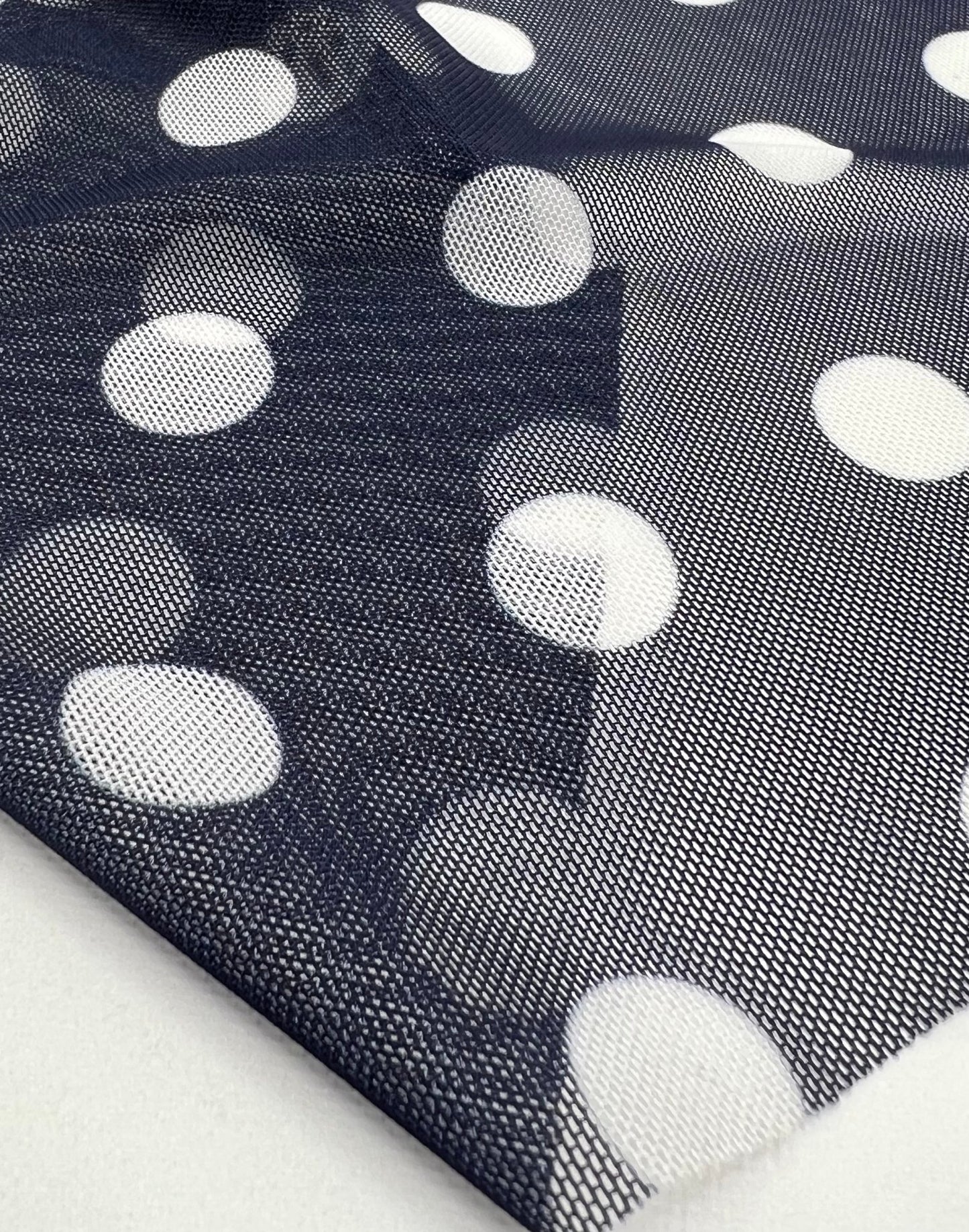 Navy White Polka Print Mesh Fabric Stretch - T9 Fabrics