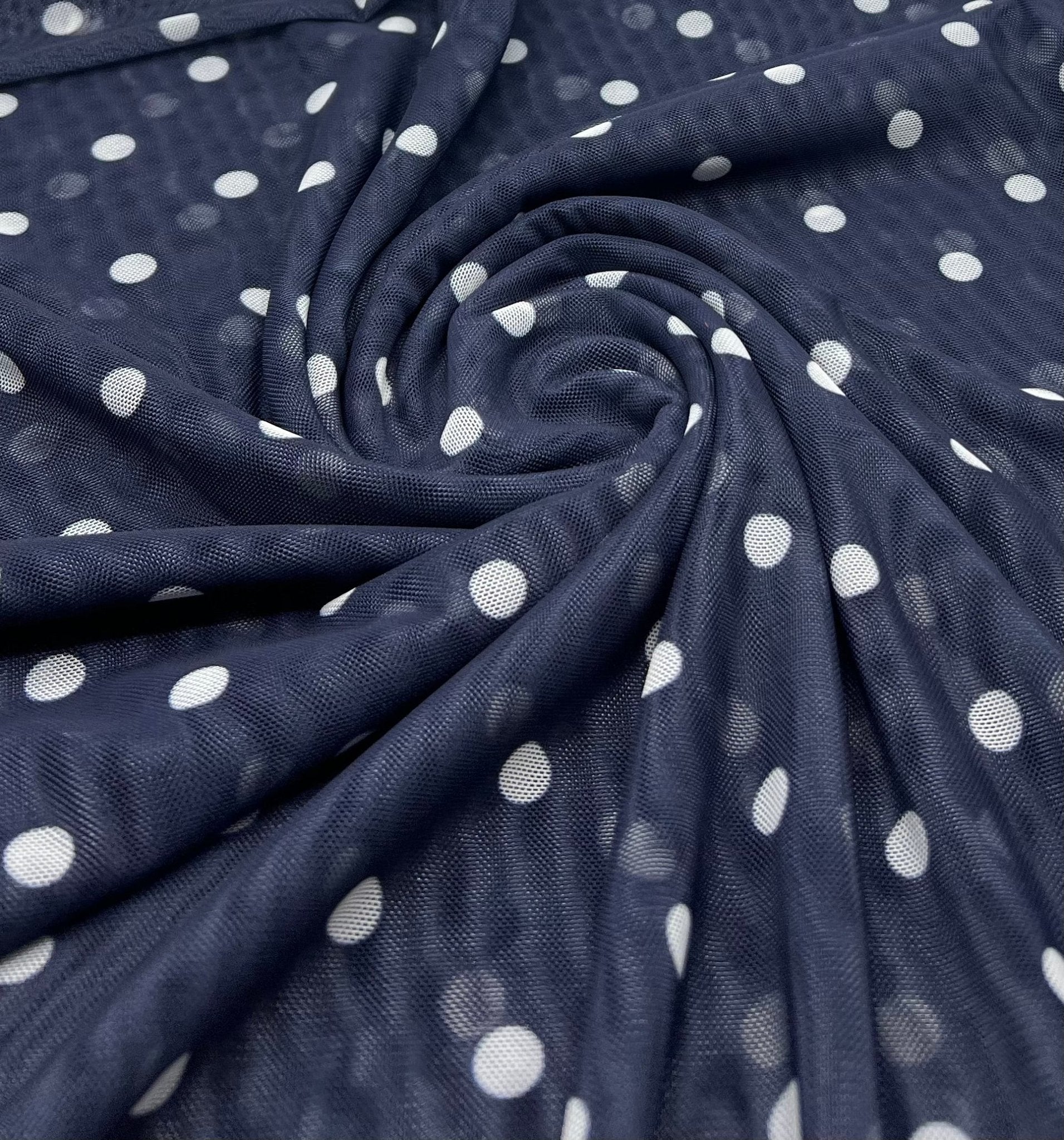 Navy White Polka Spot Mesh Fabric Stretch - T9 Fabrics