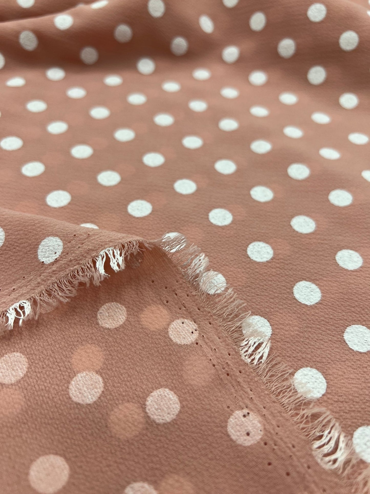 Nude White Polka Dot Print Lightweight Bubble Crepe Fabric - T9 Fabrics
