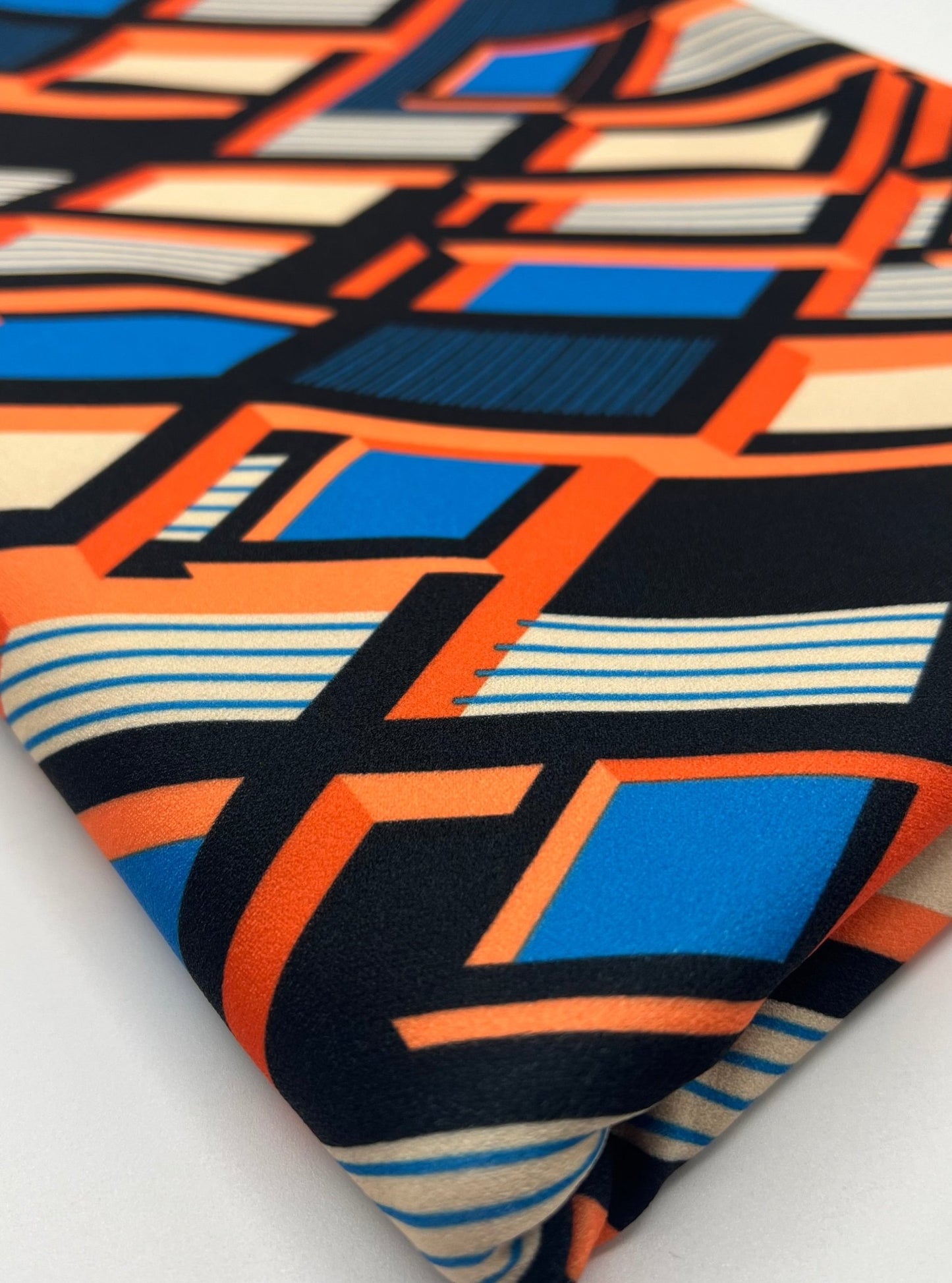 Orange Blue Geo Printed Scuba Crepe Jersey Fabric 4 Way Stretch - T9 Fabrics