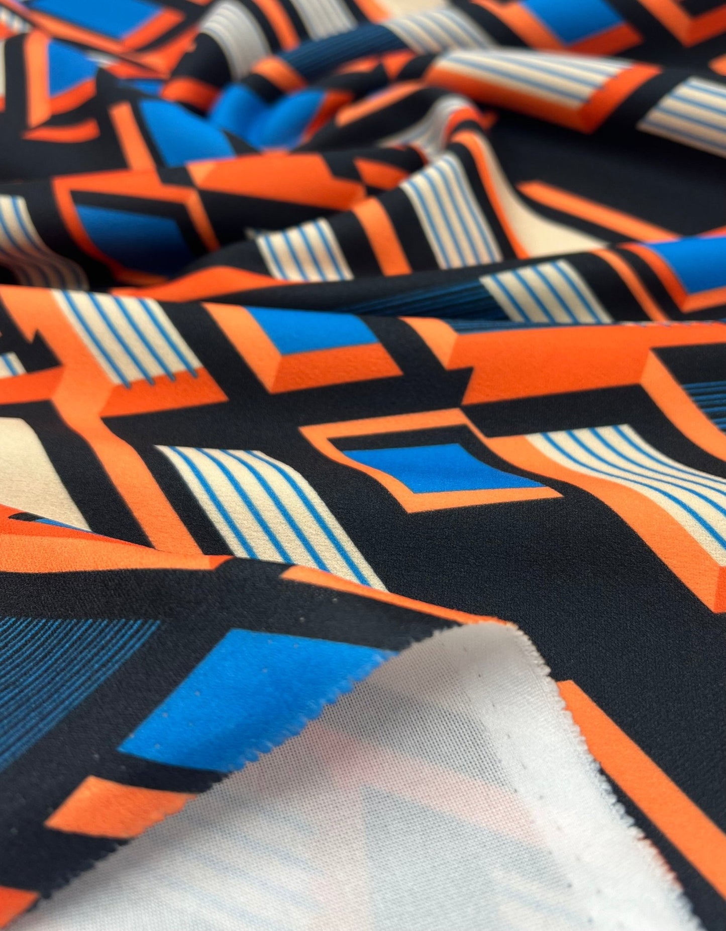 Orange Blue Geo Printed Scuba Crepe Jersey Fabric 4 Way Stretch - T9 Fabrics