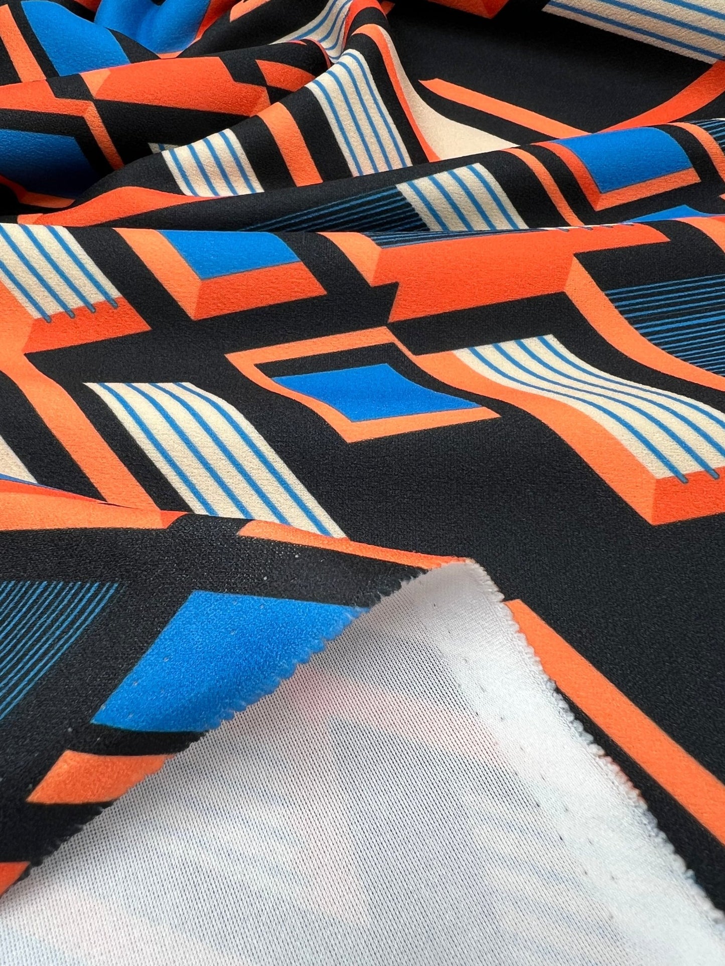 Orange Blue Geo Printed Scuba Crepe Jersey Fabric 4 Way Stretch - T9 Fabrics