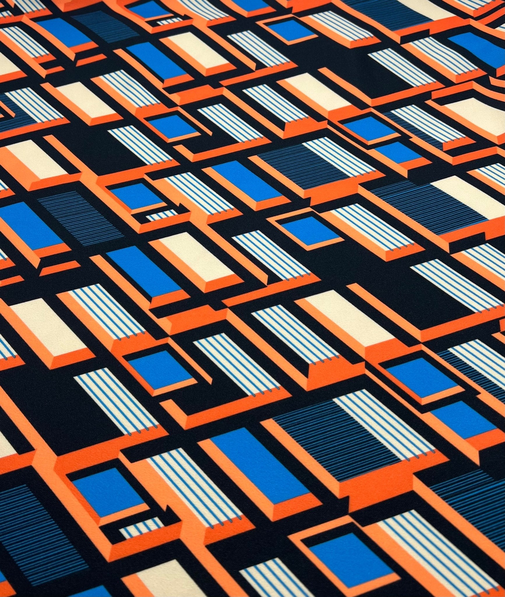 Orange Blue Geo Printed Scuba Crepe Jersey Fabric 4 Way Stretch - T9 Fabrics