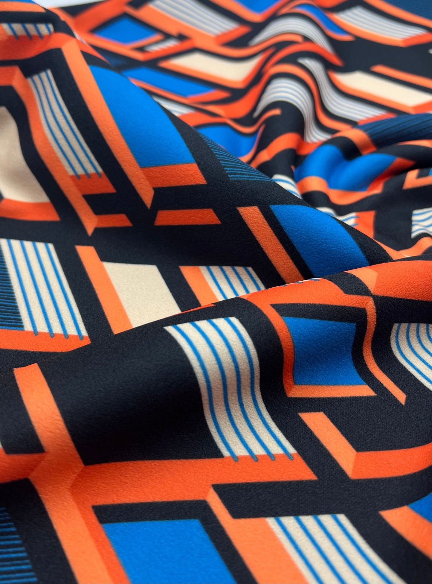 Orange Blue Geo Printed Scuba Crepe Jersey Fabric 4 Way Stretch - T9 Fabrics