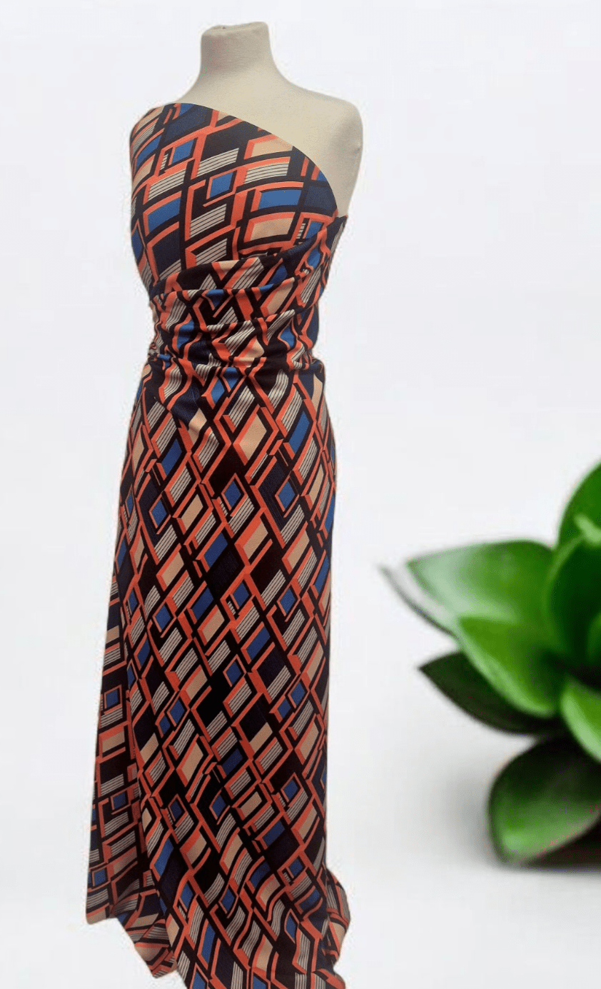 Orange Blue Geo Printed Scuba Crepe Jersey Fabric 4 Way Stretch - T9 Fabrics