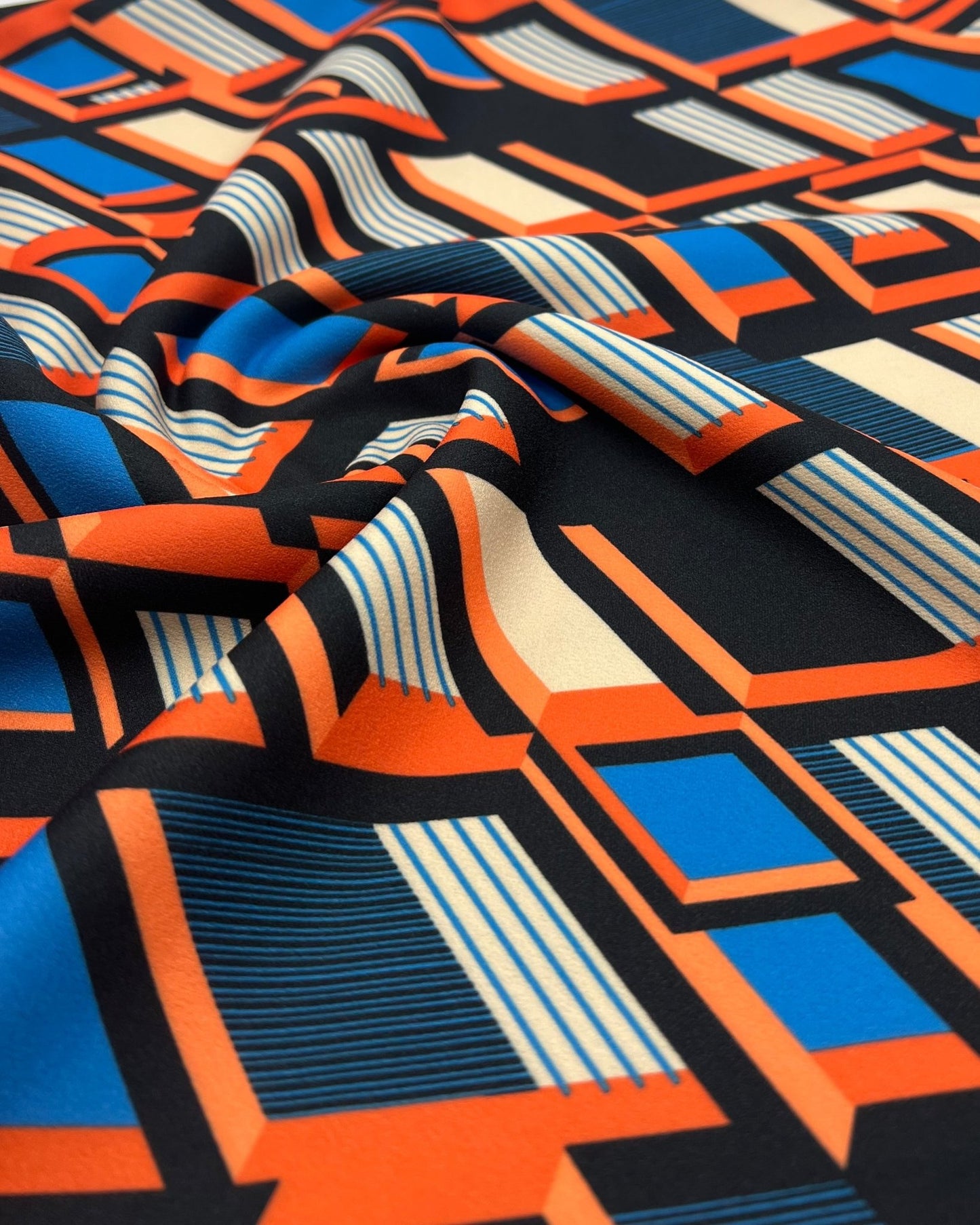 Orange Blue Geo Printed Scuba Crepe Jersey Fabric 4 Way Stretch - T9 Fabrics