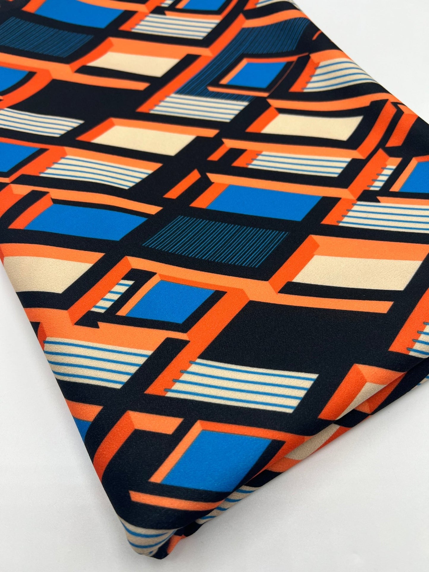 Orange Blue Geo Printed Scuba Crepe Jersey Fabric 4 Way Stretch - T9 Fabrics