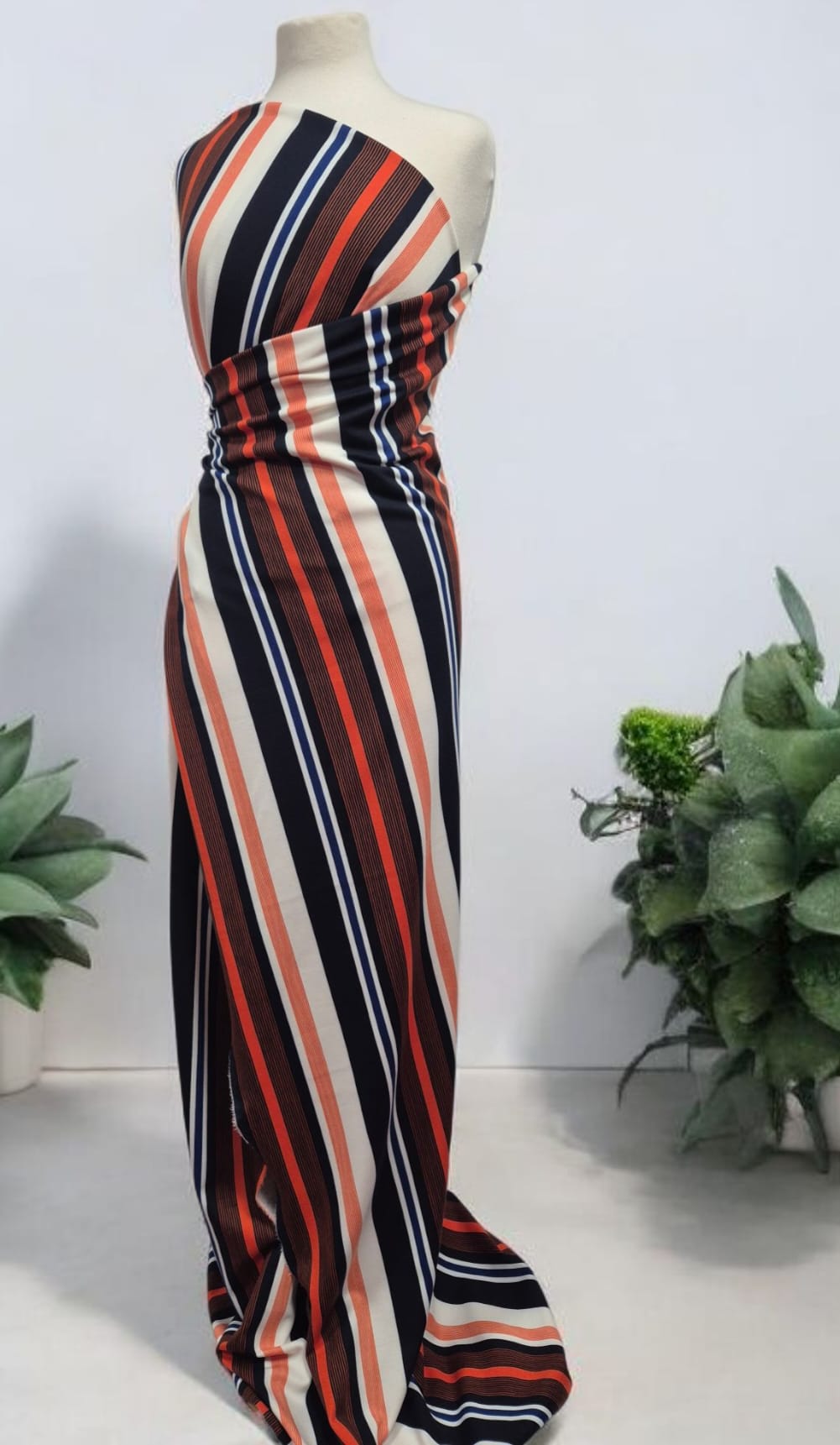 Orange Navy White Stripe Ponte Fabric - T9 Fabrics
