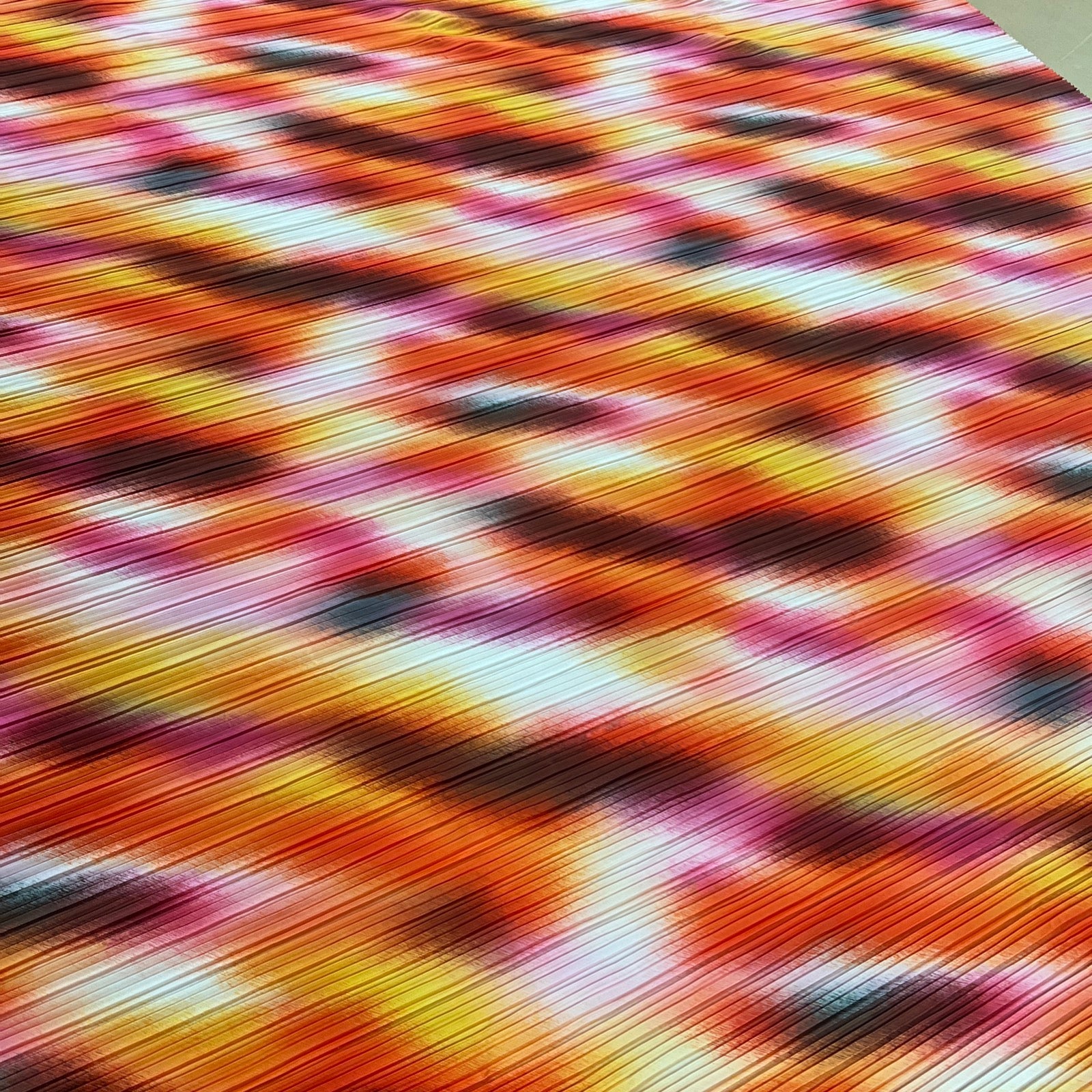 Orange Pink Multi Print Plisse Pleated Stretch Fabric - T9 Fabrics