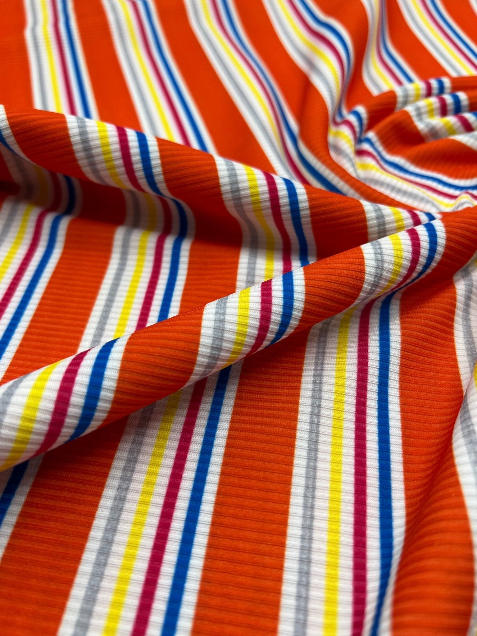 Orange Stripe Print 2X1 Fine Rib Stretch Fabric - T9 Fabrics