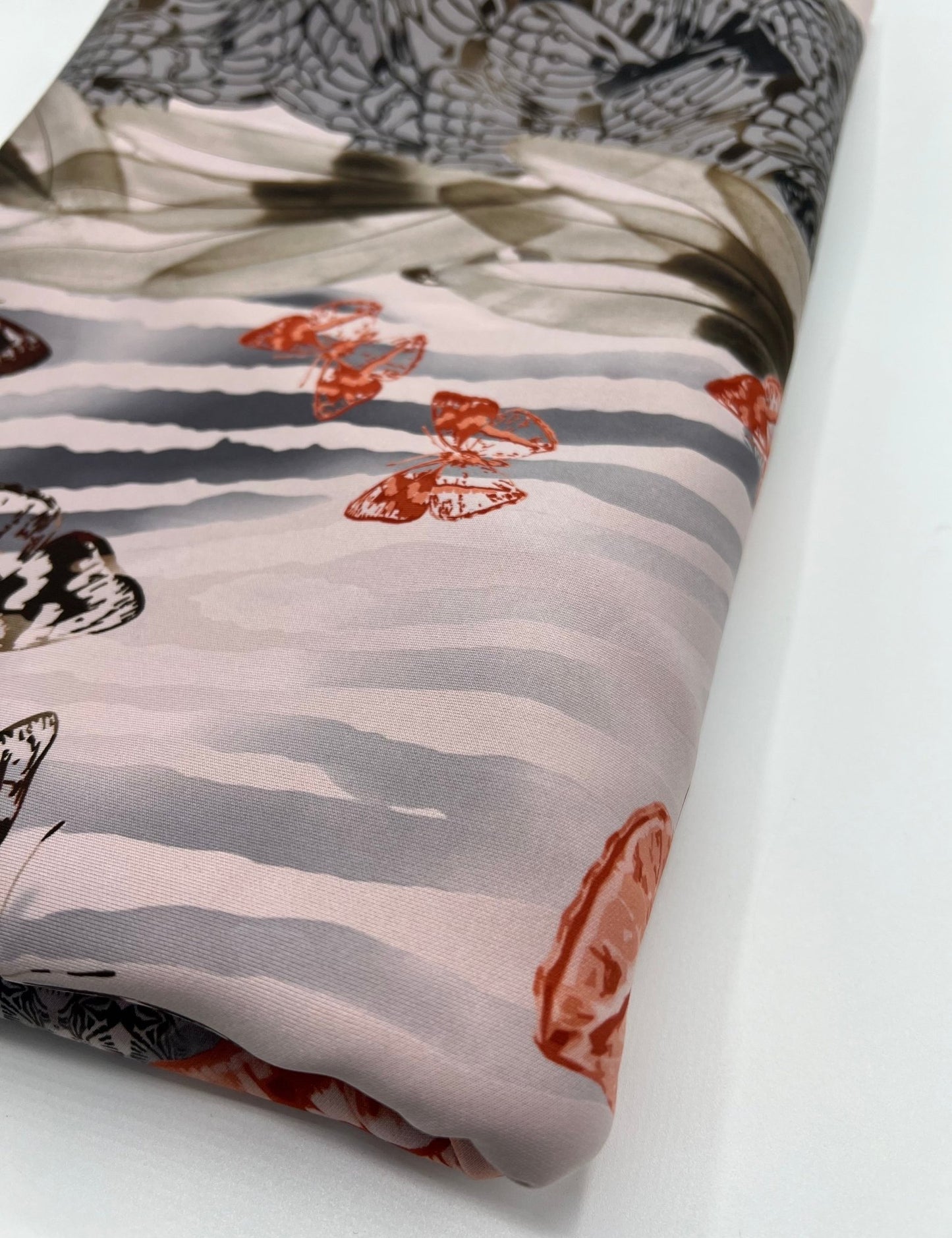 Pale Pink Butterfly Printed Plain Scuba Fabric - T9 Fabrics