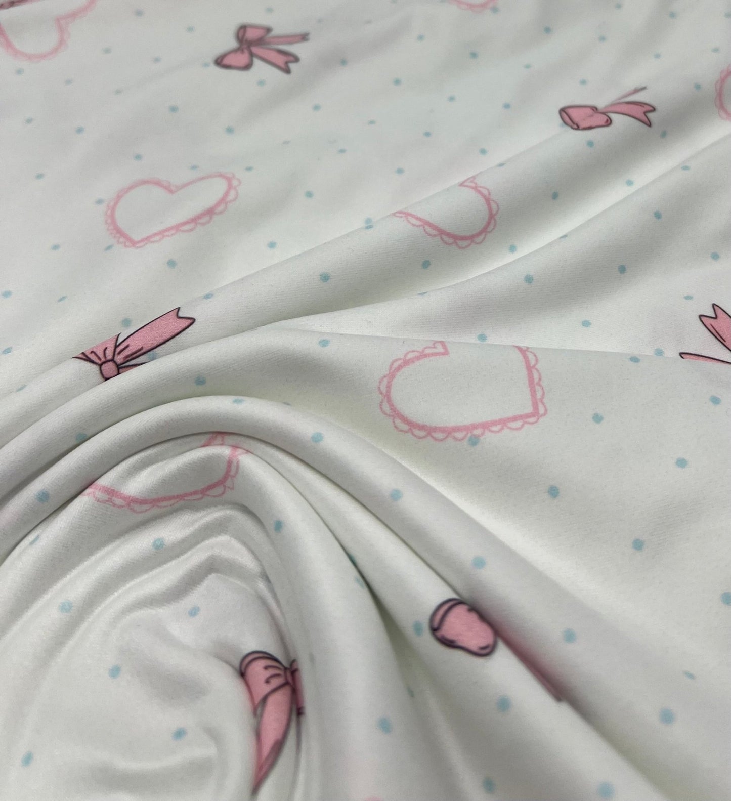 Pink Bow Heart Super Soft Print Spun Poly Stretch Fabric - T9 Fabrics