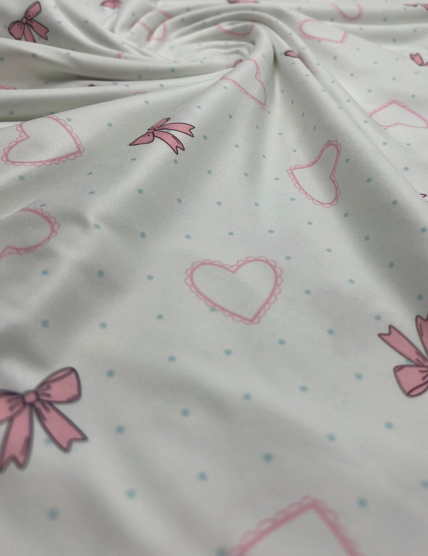 Pink Bow Heart Super Soft Print Spun Poly Stretch Fabric - T9 Fabrics
