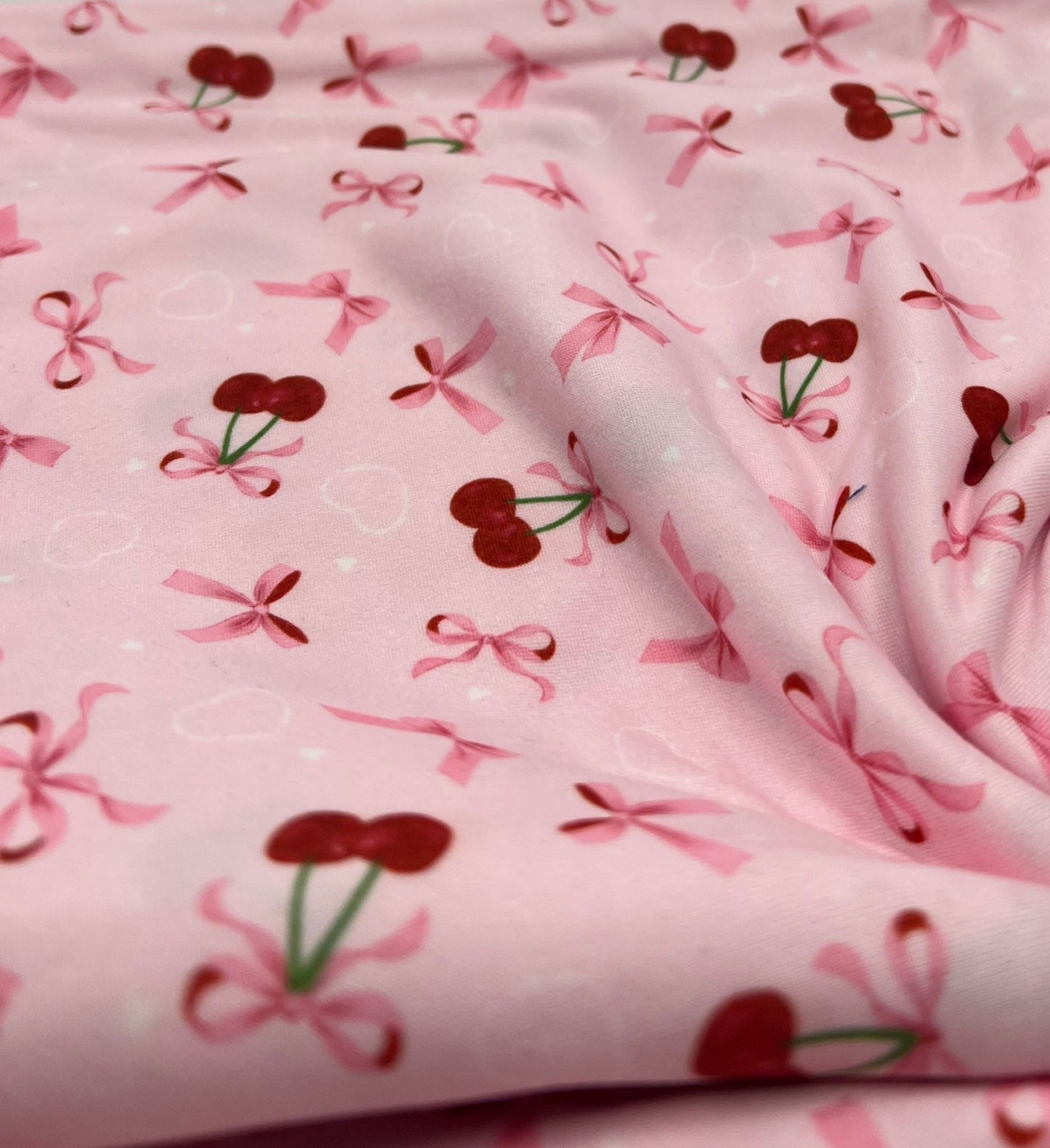Pink Cherry Bow Super Soft Print Spun Poly Stretch Fabric - T9 Fabrics