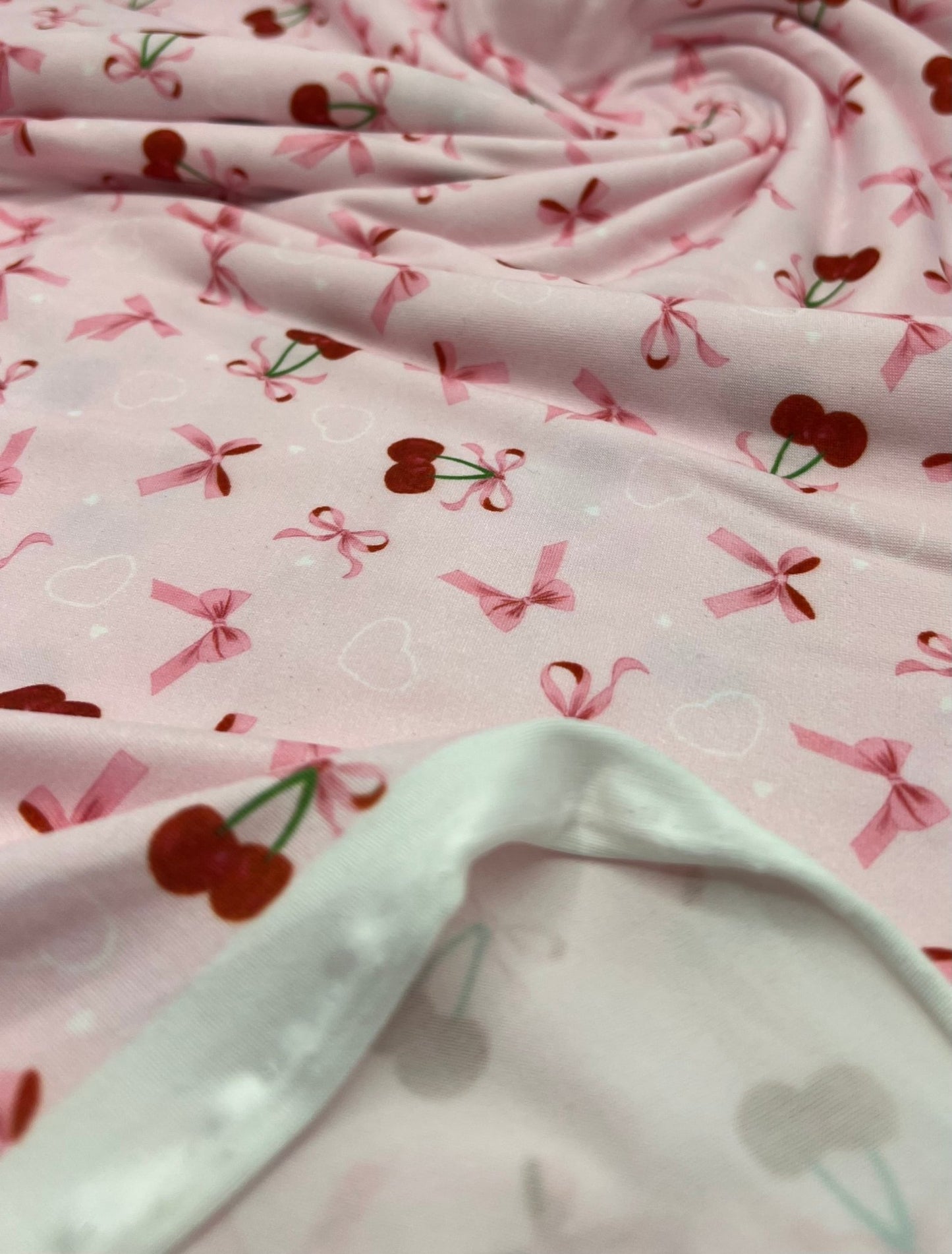 Pink Cherry Bow Super Soft Print Spun Poly Stretch Fabric - T9 Fabrics