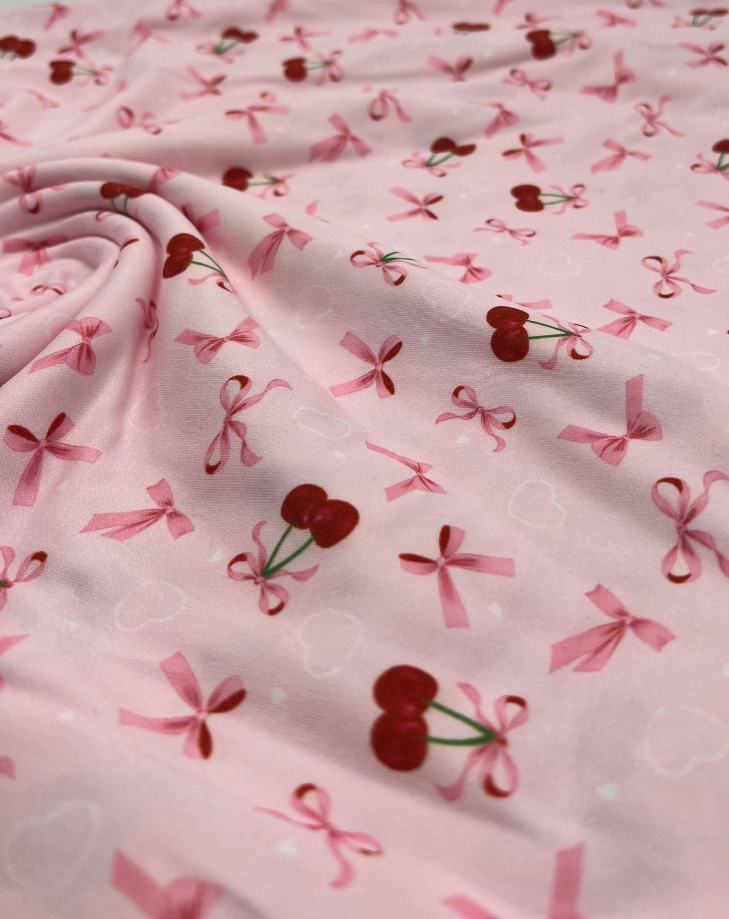Pink Cherry Bow Super Soft Print Spun Poly Stretch Fabric - T9 Fabrics