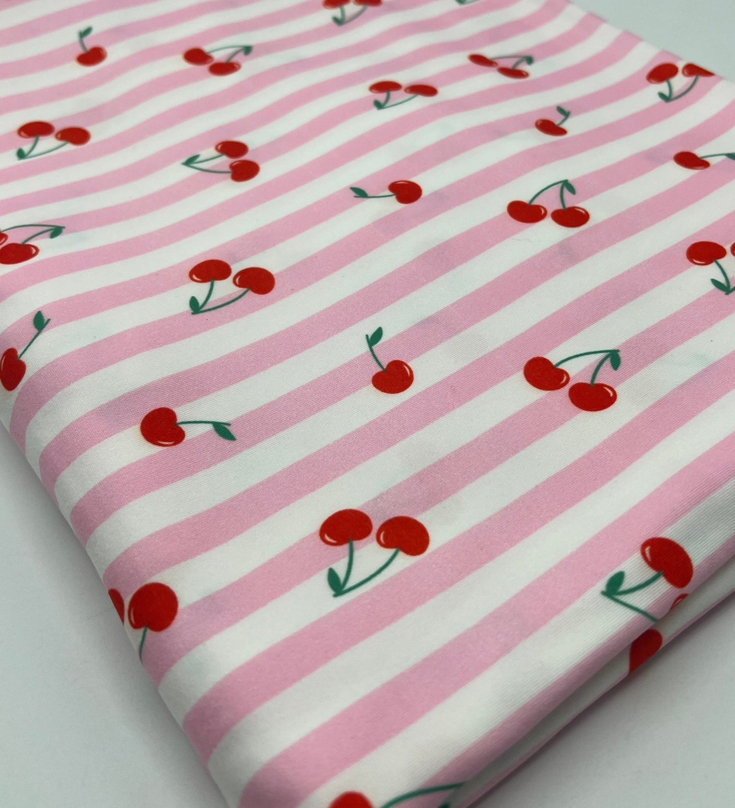 Pink Cherry Stripe Super Soft Print Spun Poly Stretch Fabric - T9 Fabrics