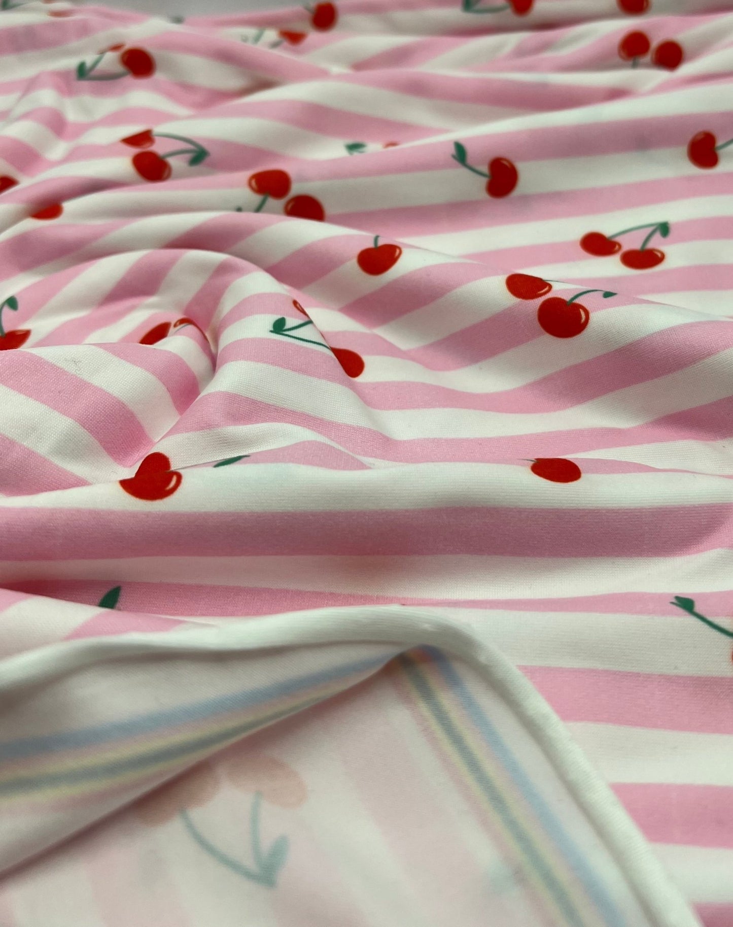 Pink Cherry Stripe Super Soft Print Spun Poly Stretch Fabric - T9 Fabrics