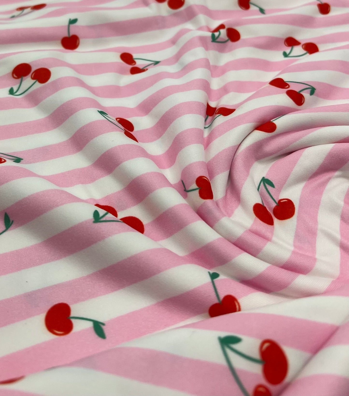 Pink Cherry Stripe Super Soft Print Spun Poly Stretch Fabric - T9 Fabrics