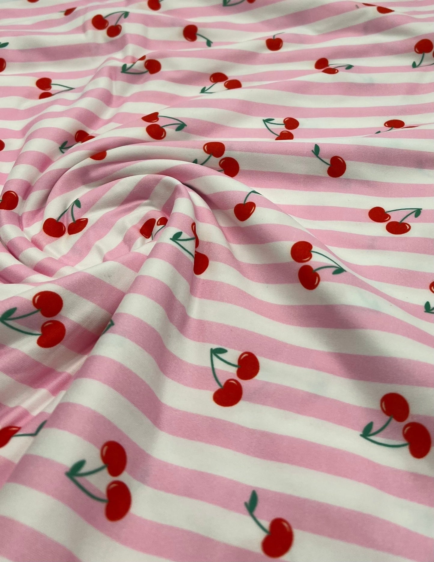 Pink Cherry Stripe Super Soft Print Spun Poly Stretch Fabric - T9 Fabrics