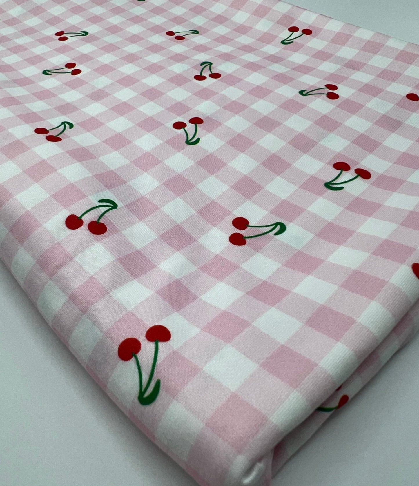 Pink Gingham Cherry Print Soft Spun Poly Stretch Fabric - T9 Fabrics