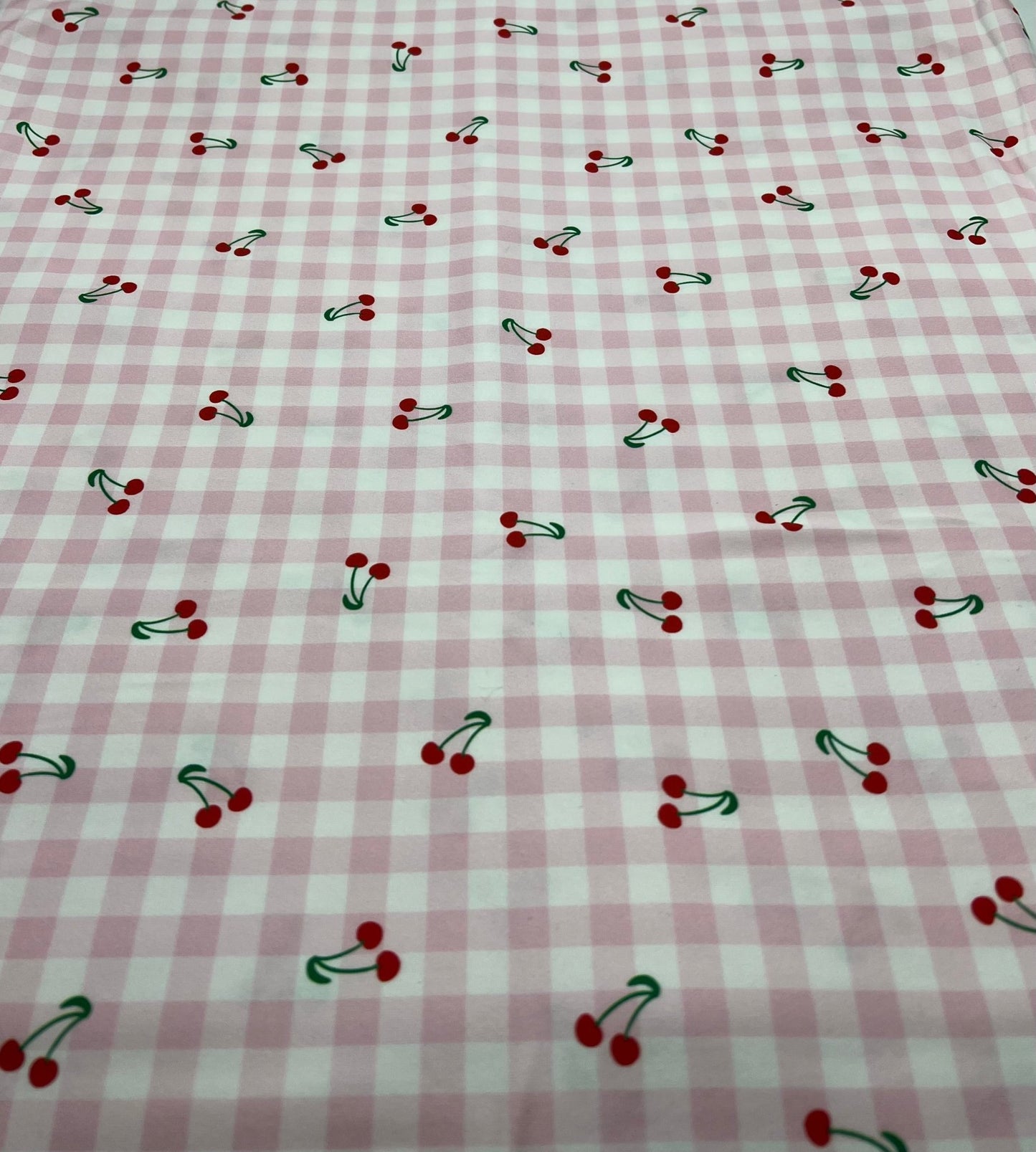 Pink Gingham Cherry Print Soft Spun Poly Stretch Fabric - T9 Fabrics