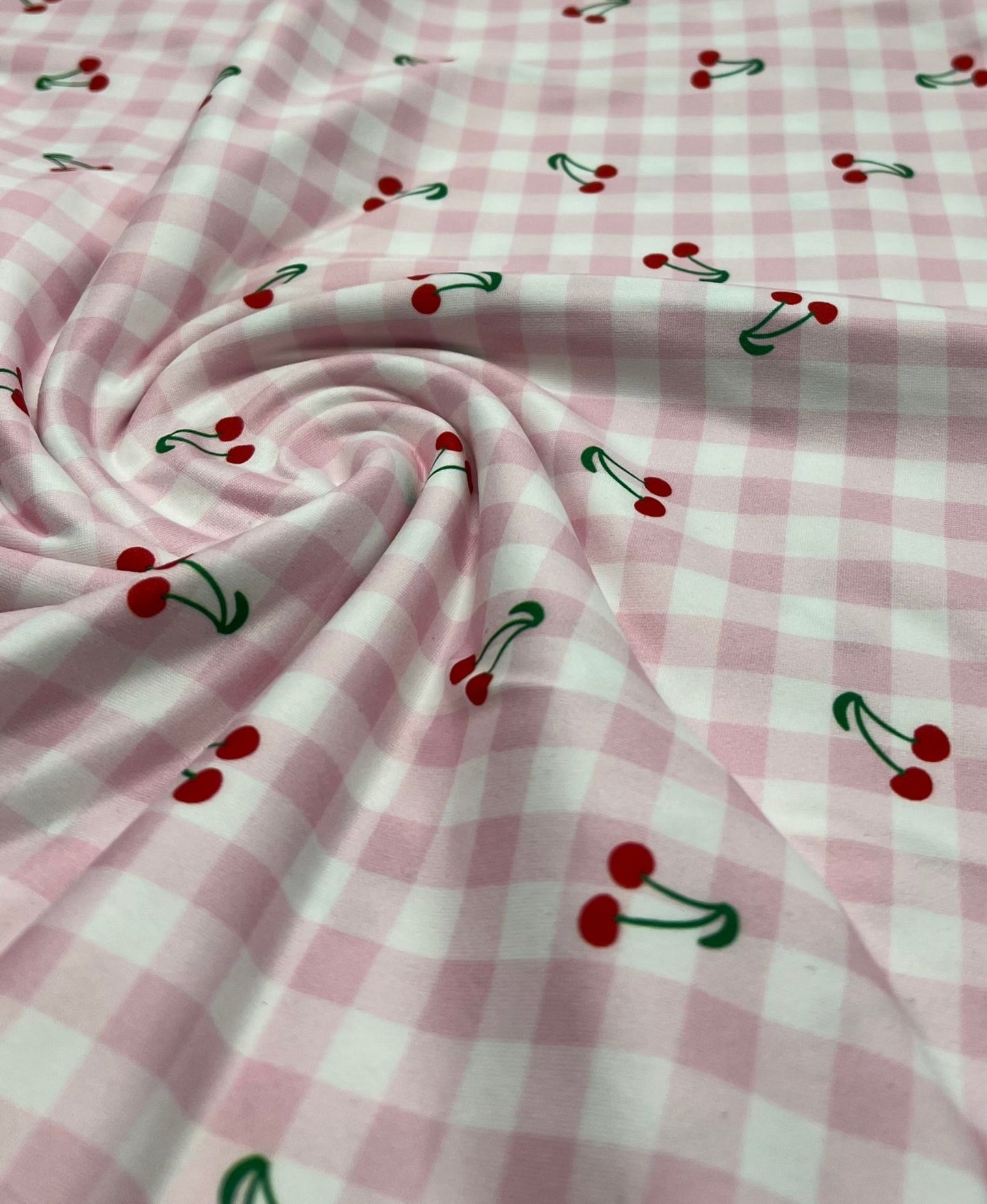 Pink Gingham Cherry Print Soft Spun Poly Stretch Fabric - T9 Fabrics