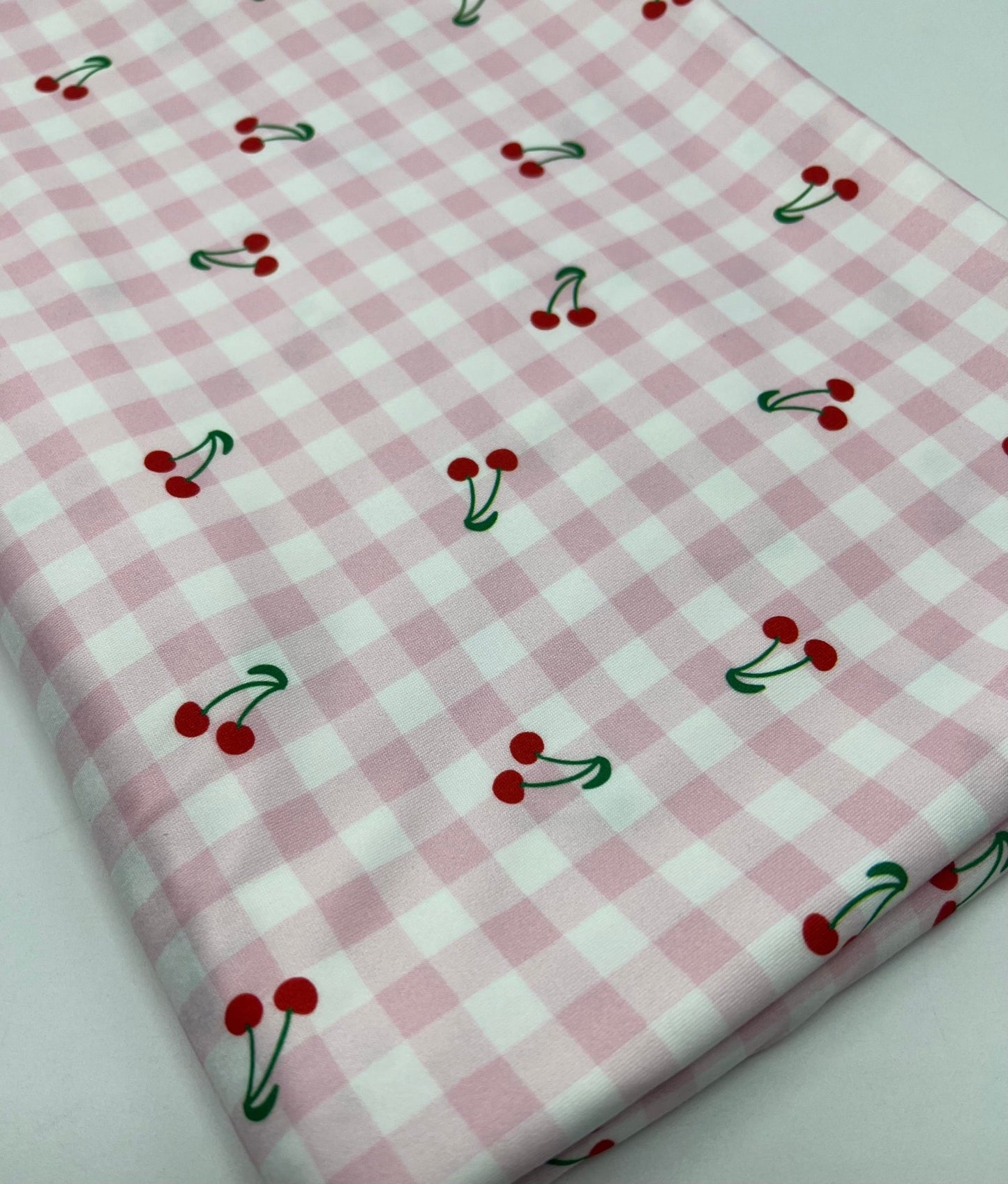Pink Gingham Cherry Print Soft Spun Poly Stretch Fabric - T9 Fabrics