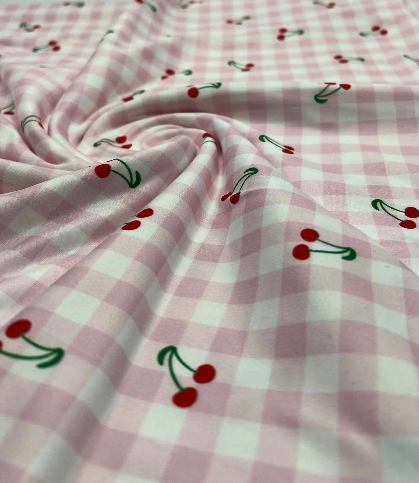 Pink Gingham Cherry Print Soft Spun Poly Stretch Fabric - T9 Fabrics