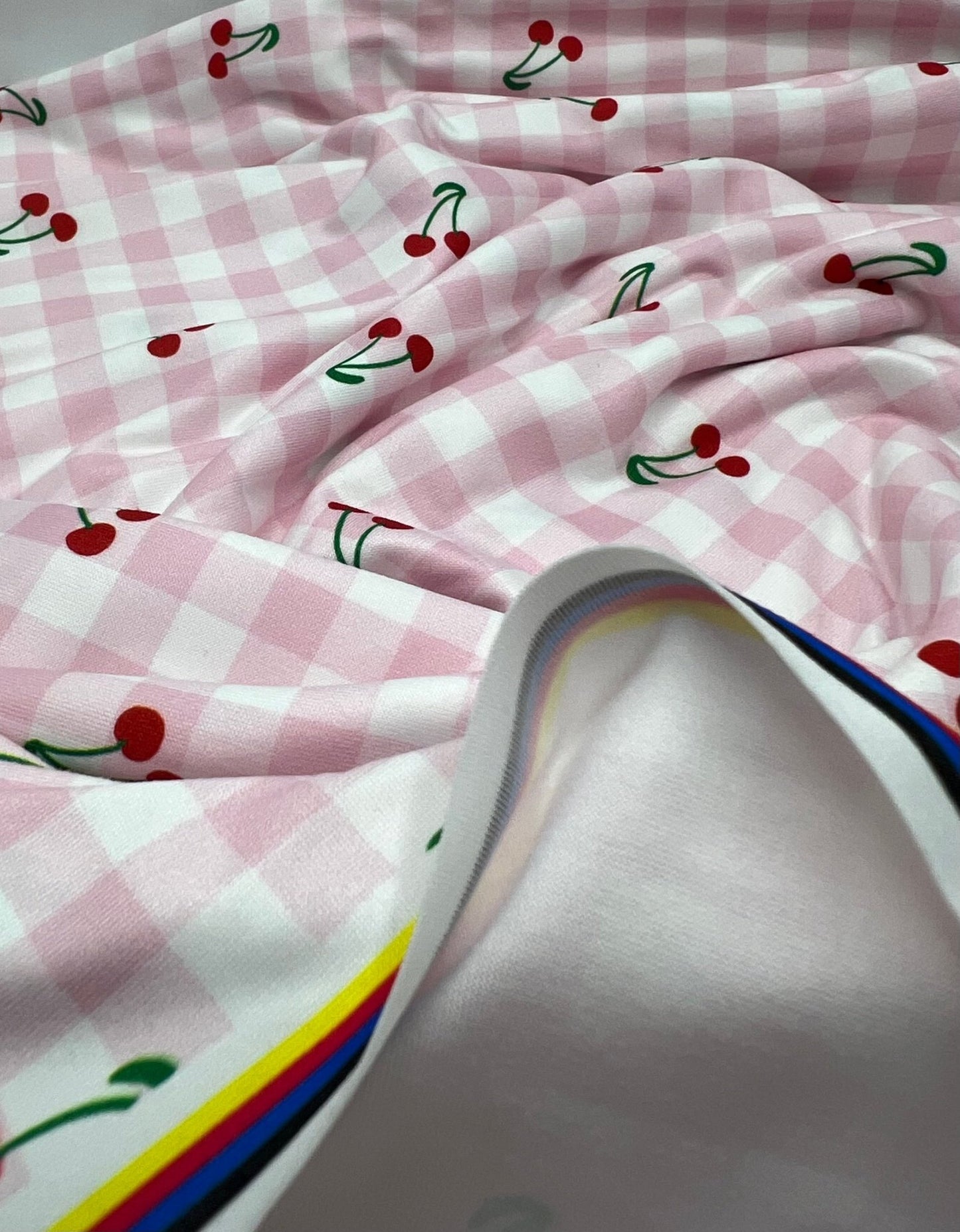 Pink Gingham Cherry Print Soft Spun Poly Stretch Fabric - T9 Fabrics