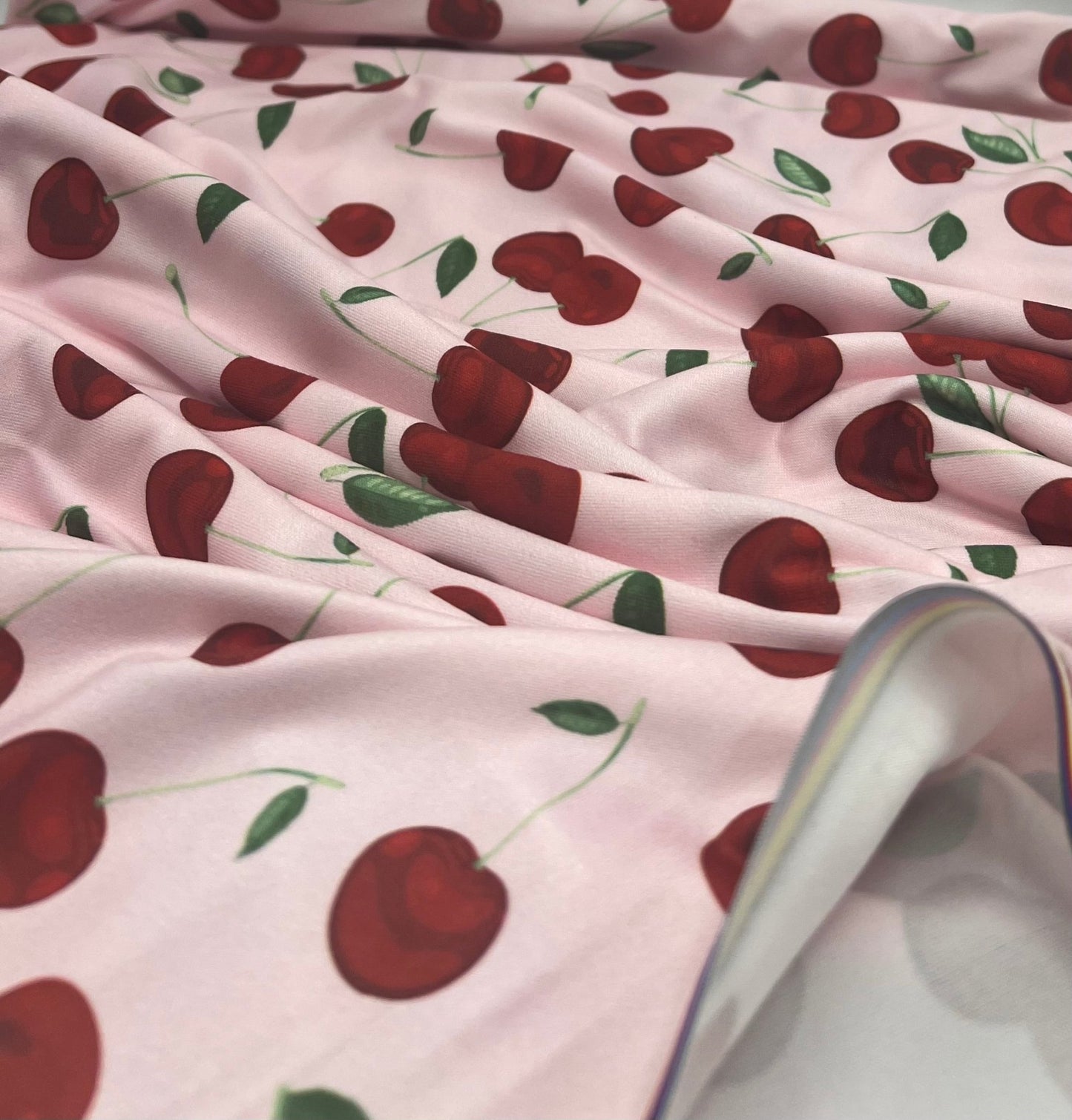Pink Large Cherry Print Super Soft Spun Poly Stretch Fabric - T9 Fabrics
