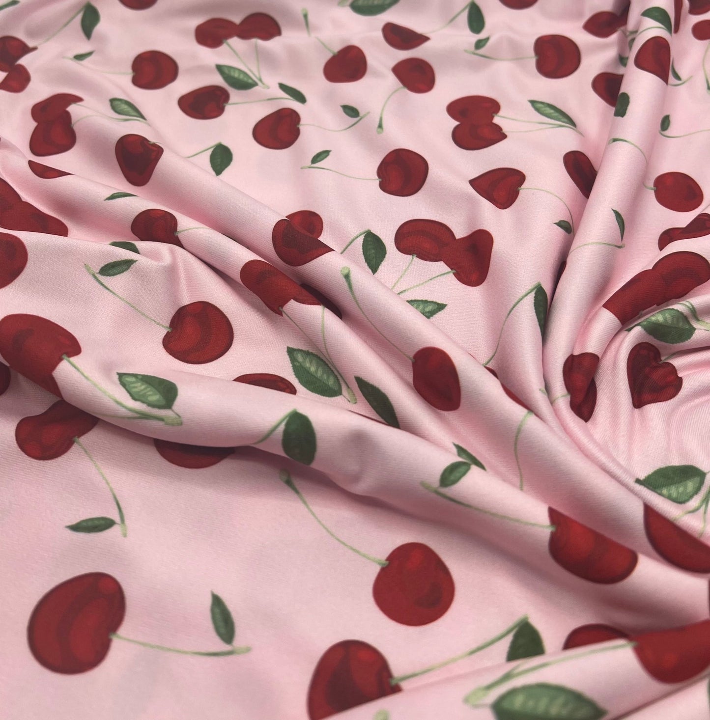Pink Large Cherry Print Super Soft Spun Poly Stretch Fabric - T9 Fabrics
