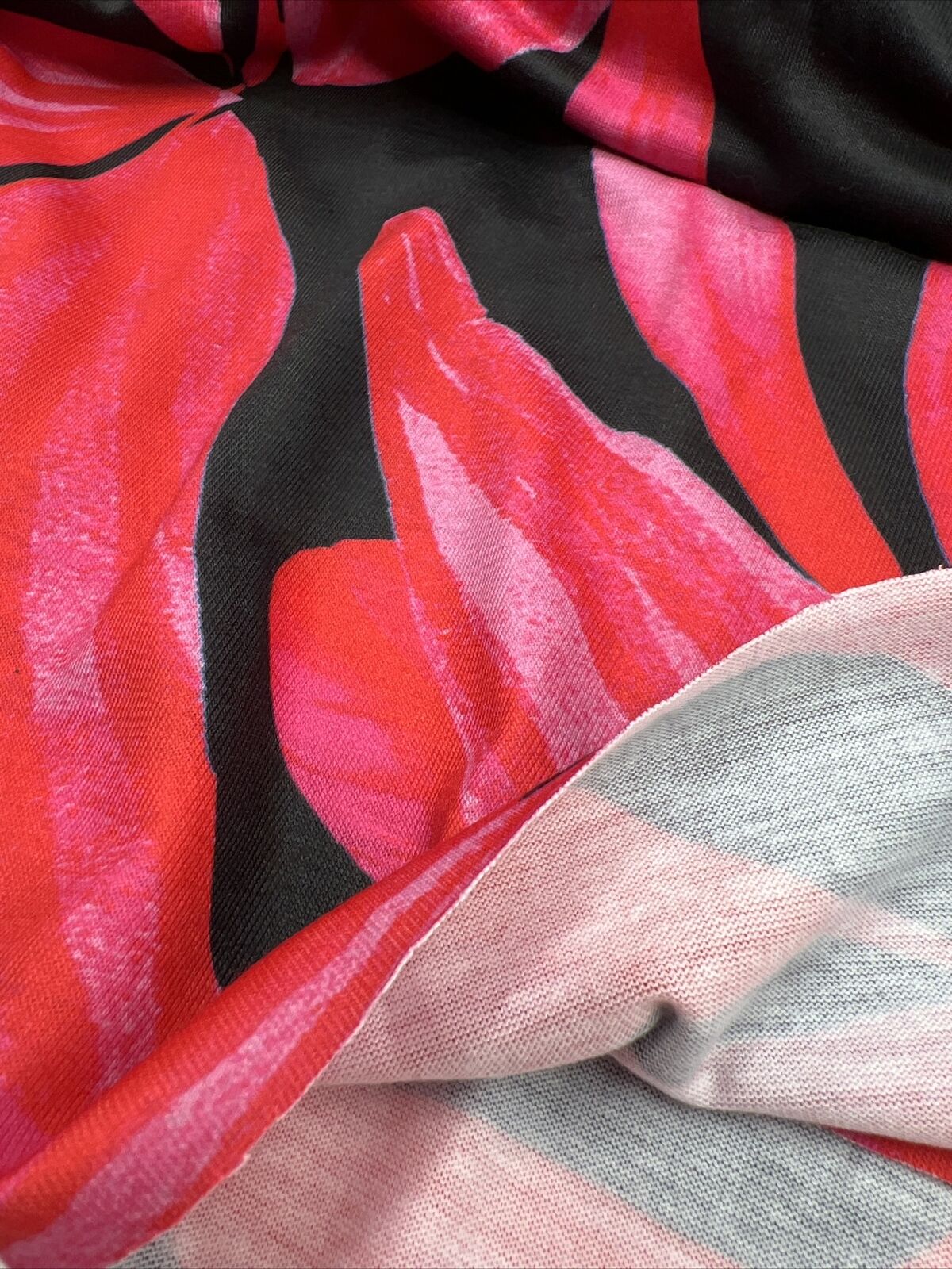 Pink Red Large Leaf Print Spun Poly Stretch Fabric - T9 Fabrics