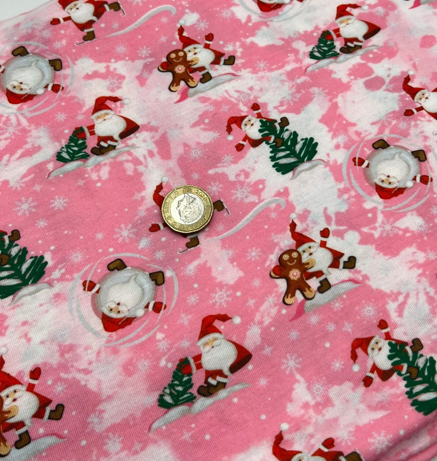 Pink Santa Print Soft Spun Poly Stretch Fabric - T9 Fabrics