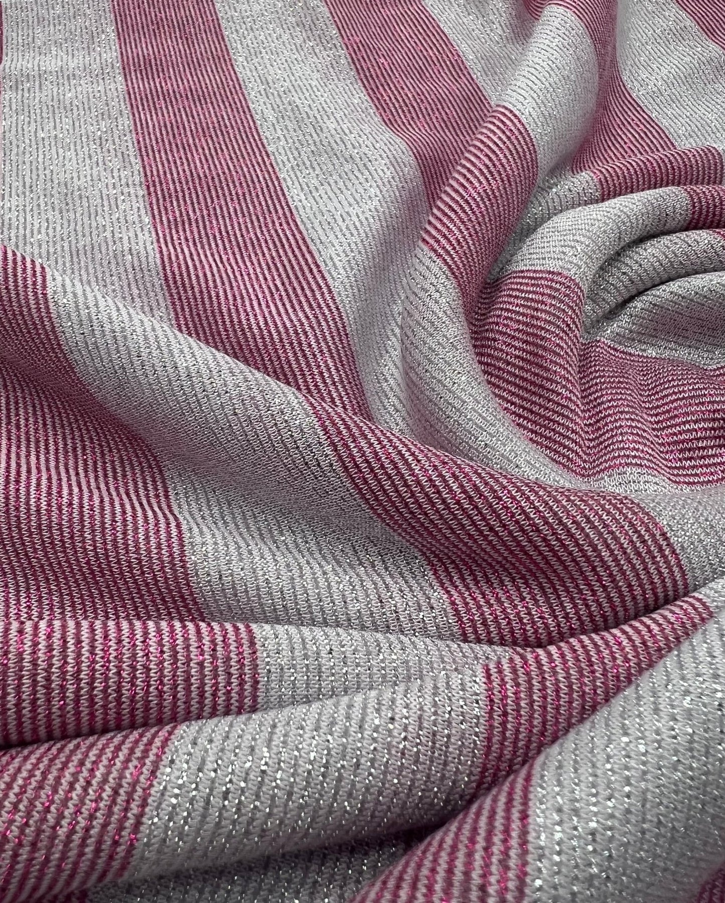 Pink Silver Metallic Stripe Knitted 2 Way Stretch Fabric - T9 Fabrics