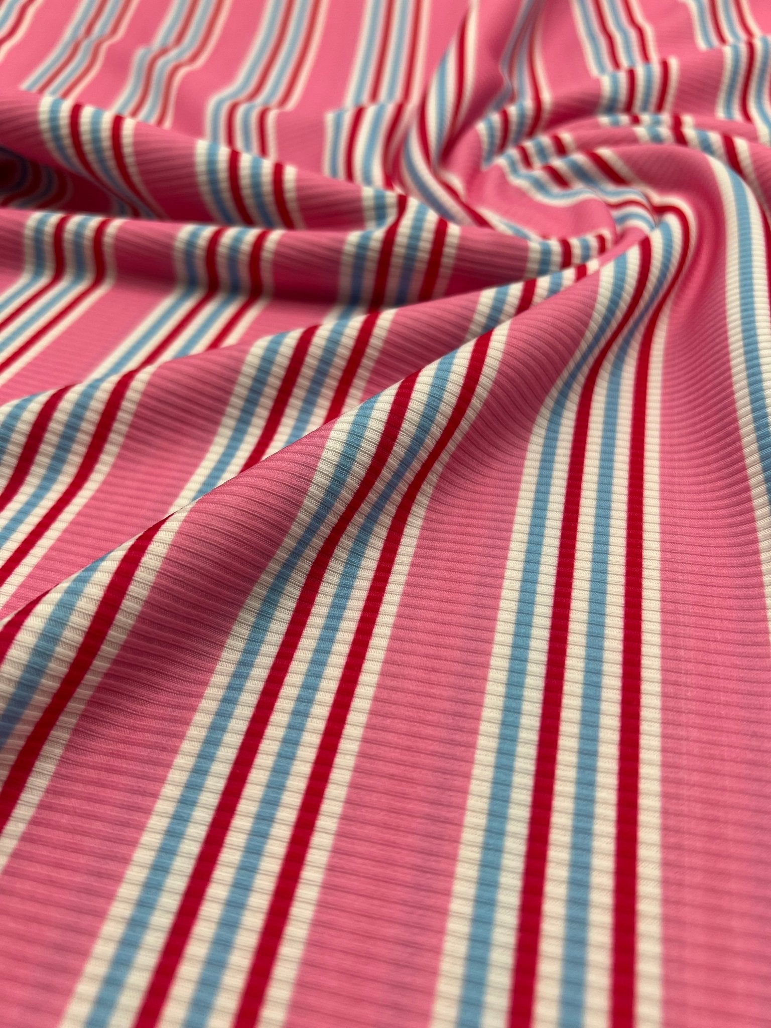 Pink Stripe Print 2X1 Fine Rib Stretch Fabric - T9 Fabrics
