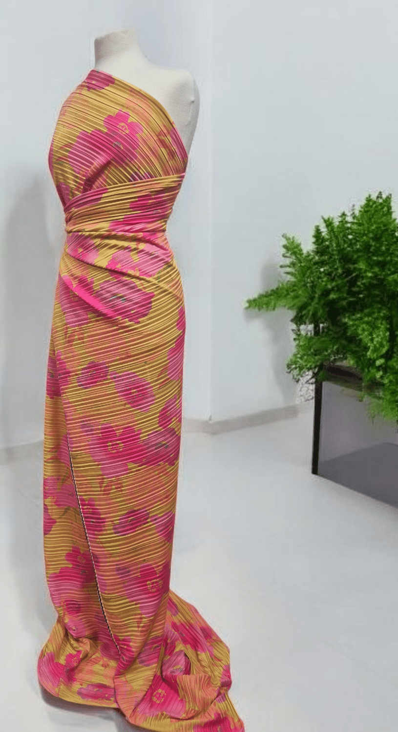 Pink Yellow Floral Multi Print Plisse Pleated Stretch Fabric - T9 Fabrics