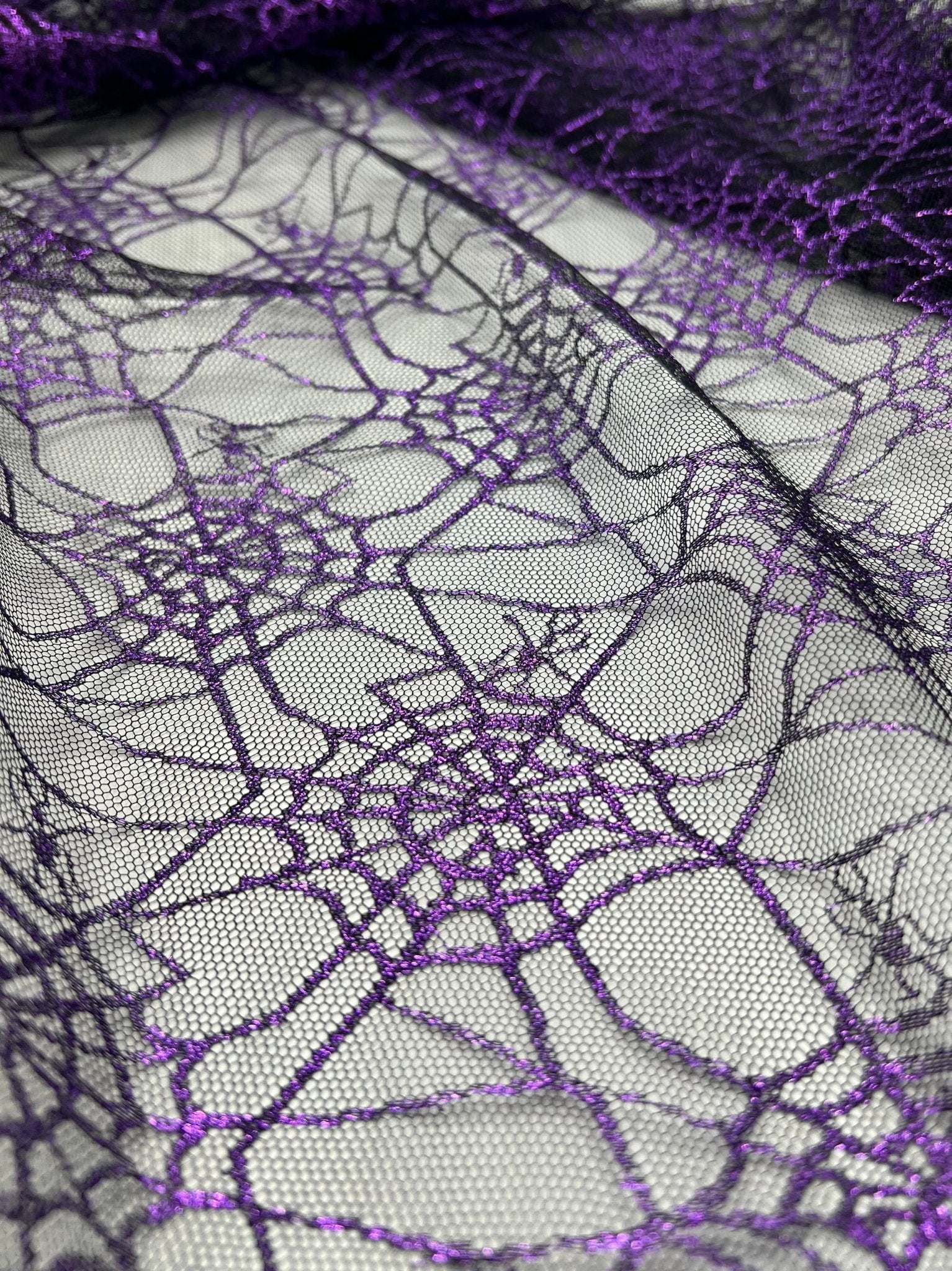 Purple Black Cobweb Halloween Print Mesh Fabric Stretch - T9 Fabrics