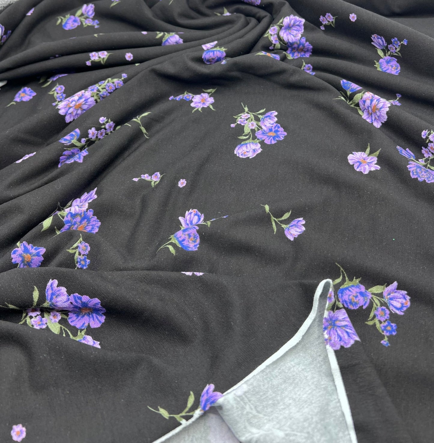 Purple Lilac Floral Print Heavy Viscose Elastane 4 Way Stretch Fabric - T9 Fabrics
