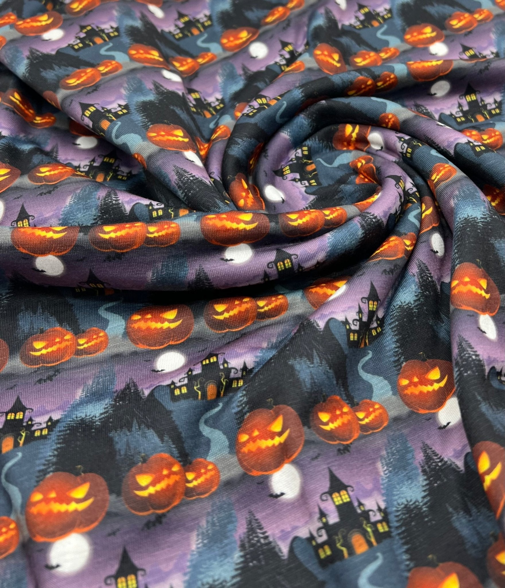 Purple Pumpkin Castle Print Spun Poly Stretch Fabric - T9 Fabrics