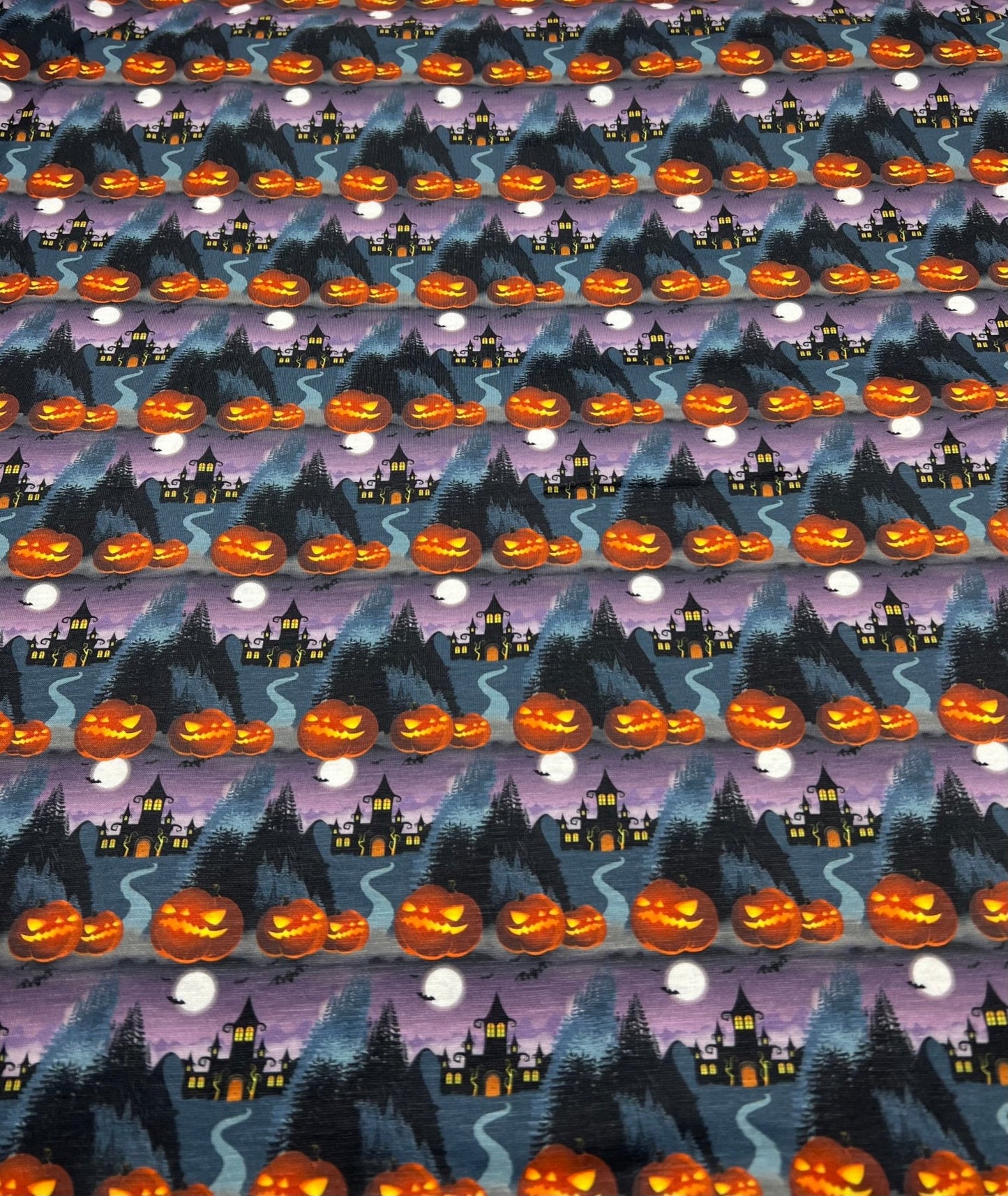 Purple Pumpkin Castle Print Spun Poly Stretch Fabric - T9 Fabrics